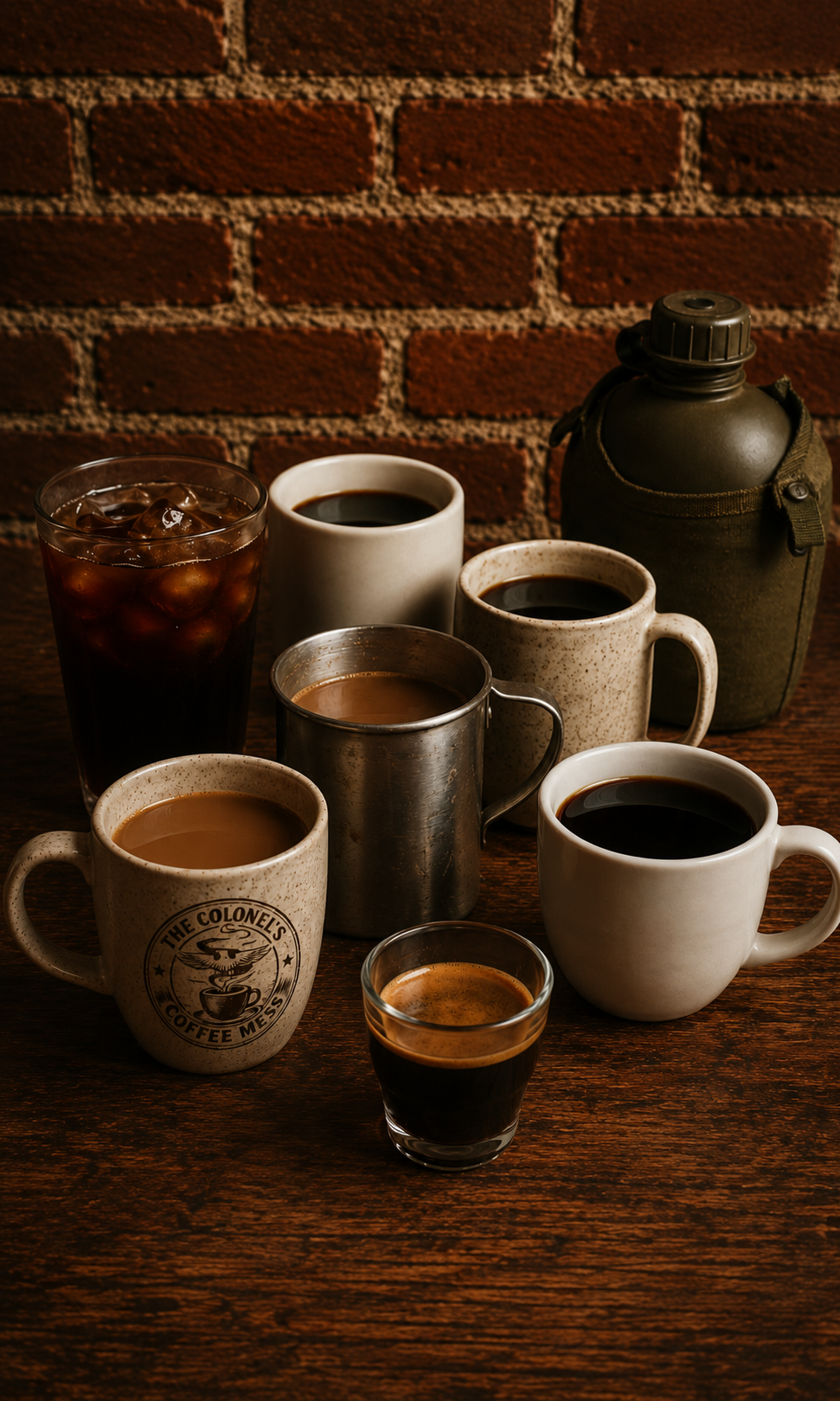 Multiple cups of local coffee, a glass of iced coffee, a small metal coffee pot, and a green coffee canteen on a wooden table against a brick wall in Nesbit coffee shop.
