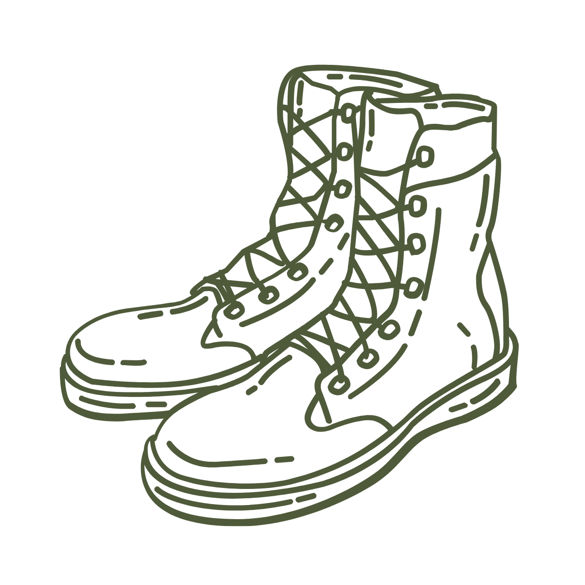 Line drawing of a high-top military veteran boot with detailed stitching and sole, outlined in dark green on black background, the colors of Colonel's Coffee Mess.
