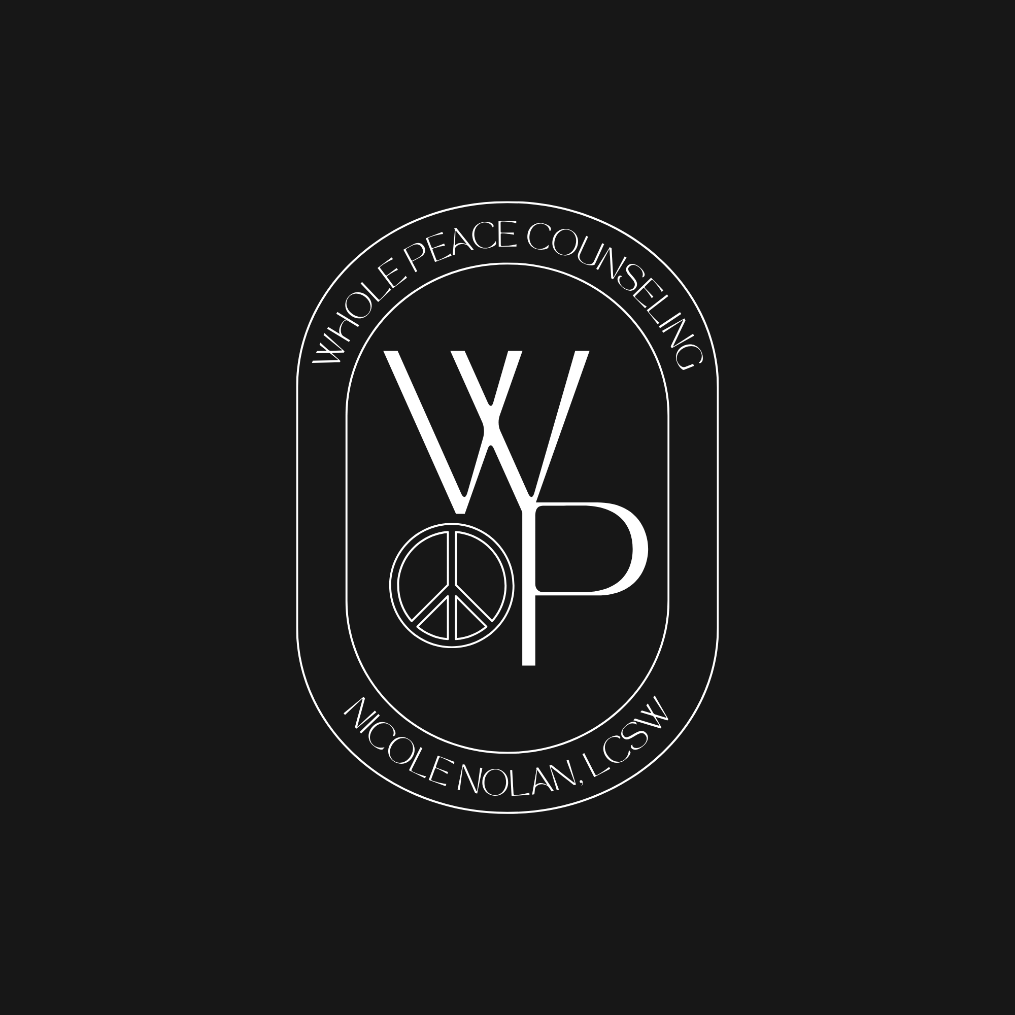 Black blackground with white logo for Whole Peace Counseling a psychotherapy service by Nicole Nolan.