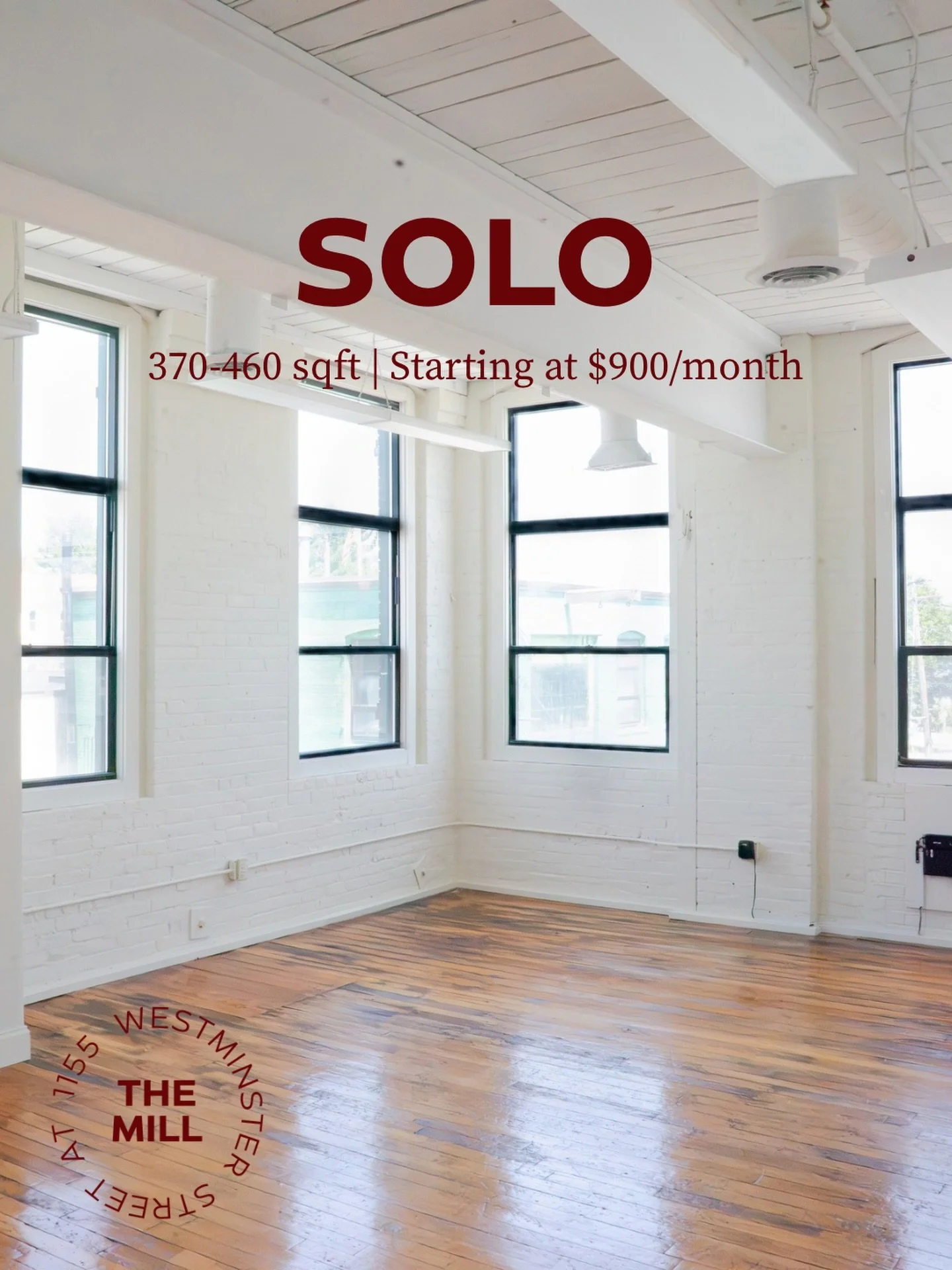 Solo
370-460 sqft 
Starting $900/month
Utilities included

The perfect starter space for entrepreneurs in need of a private office to conduct one-on-one client appointments.