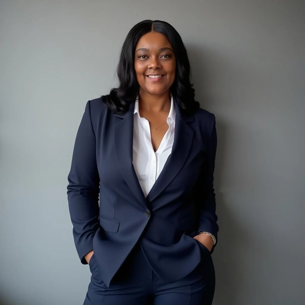 A professional woman with black hair, wearing a navy blue business suit and white shirt, standing against a plain gray wall.