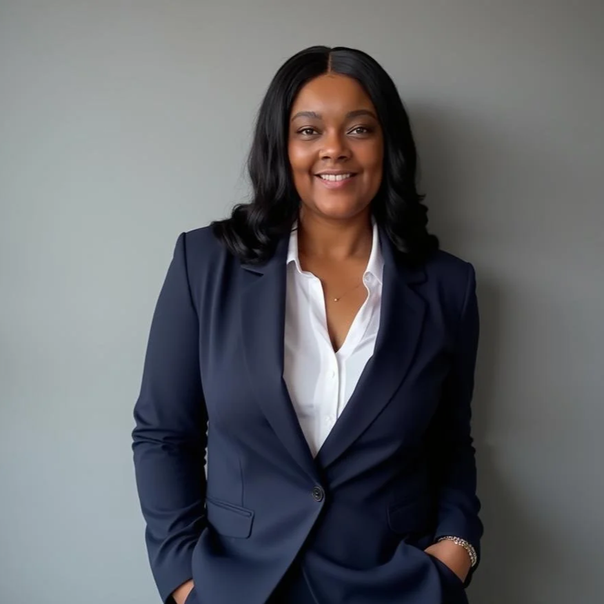 A woman with shoulder-length black hair, wearing a navy blue blazer over a white blouse, smiling while standing against a plain gray wall.