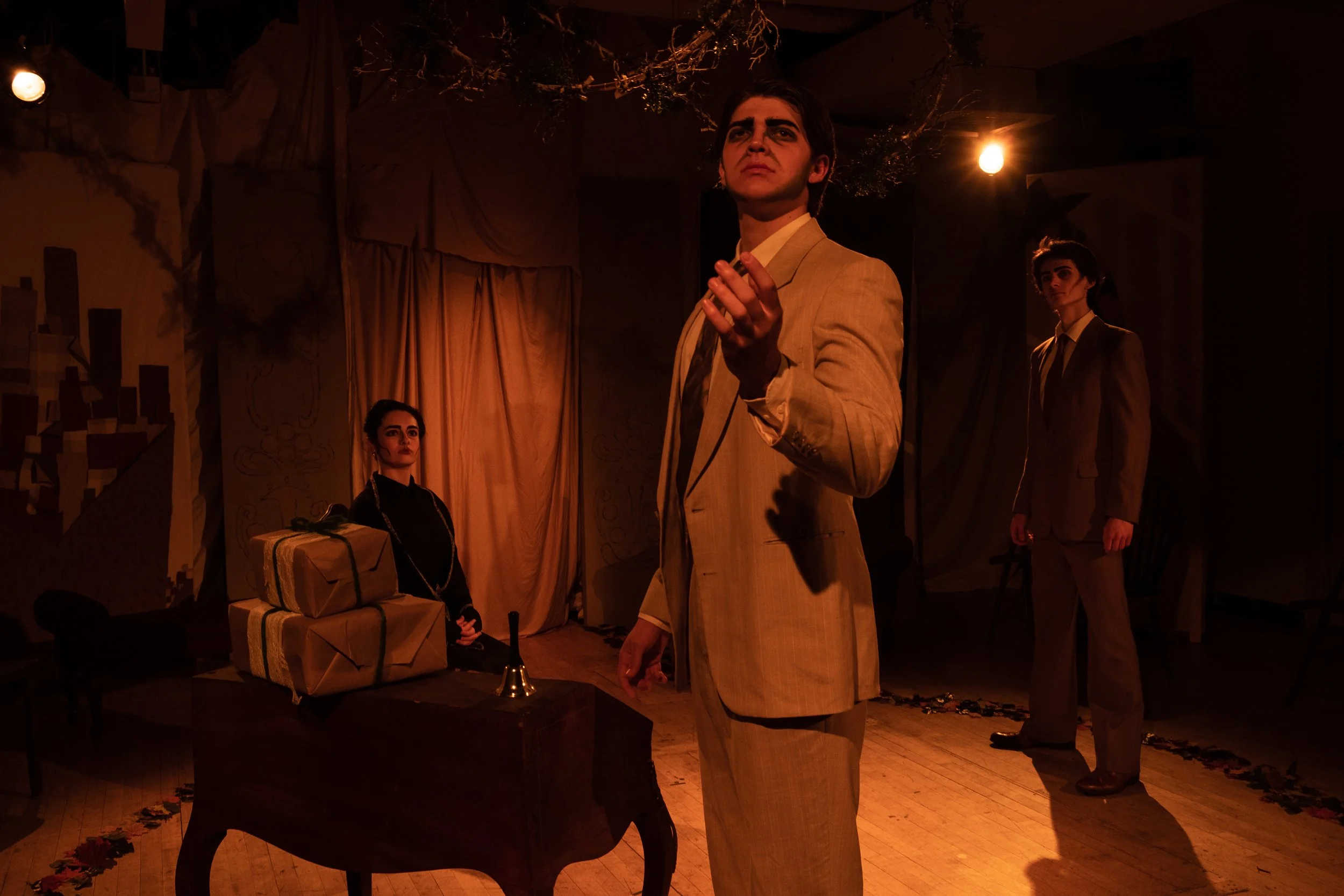 Alexander Shayeb in a performance of Blood Wedding written by Federico Garcia Lorca at Fordham Theatre. Also in photo (Mckenna Dixon & Jack Clark)