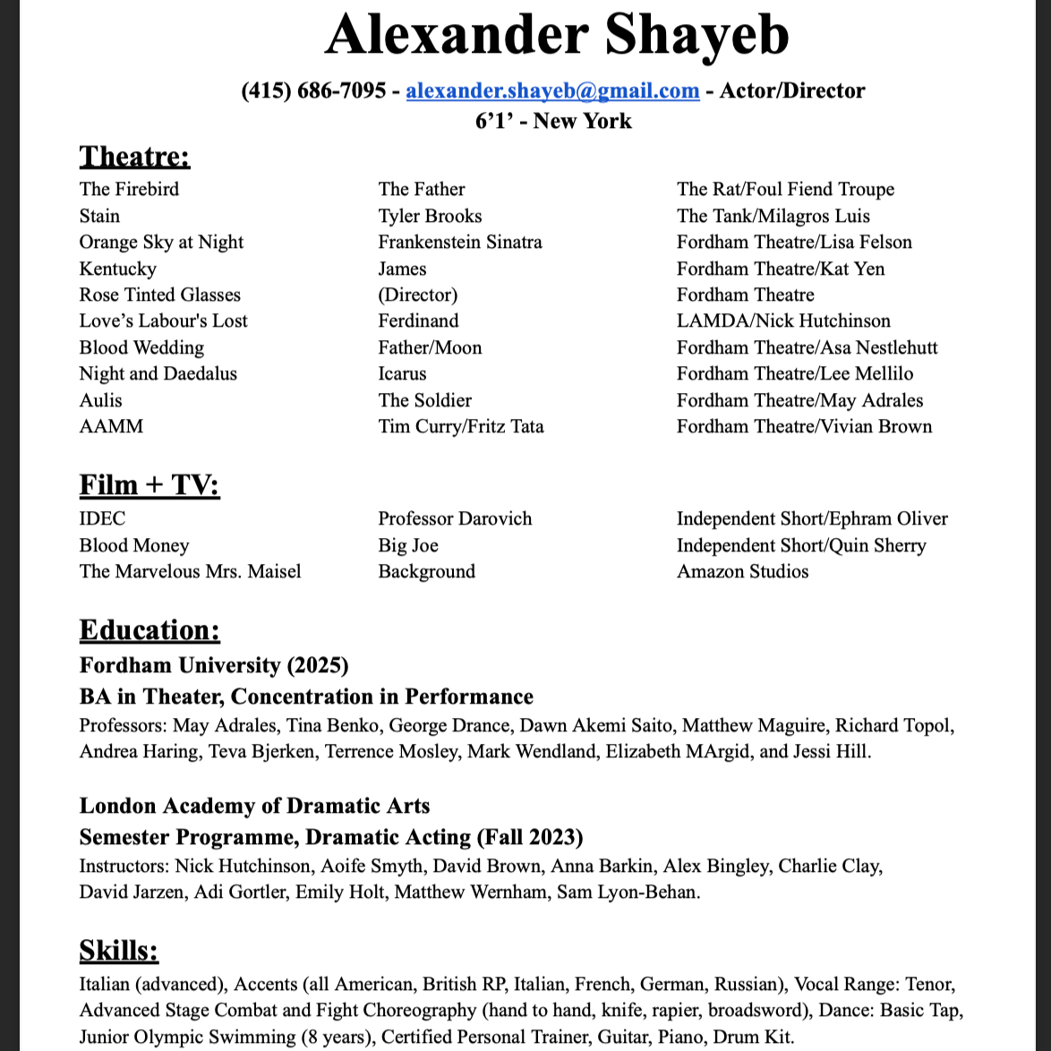 Alexander's Official Artistic Resume. 