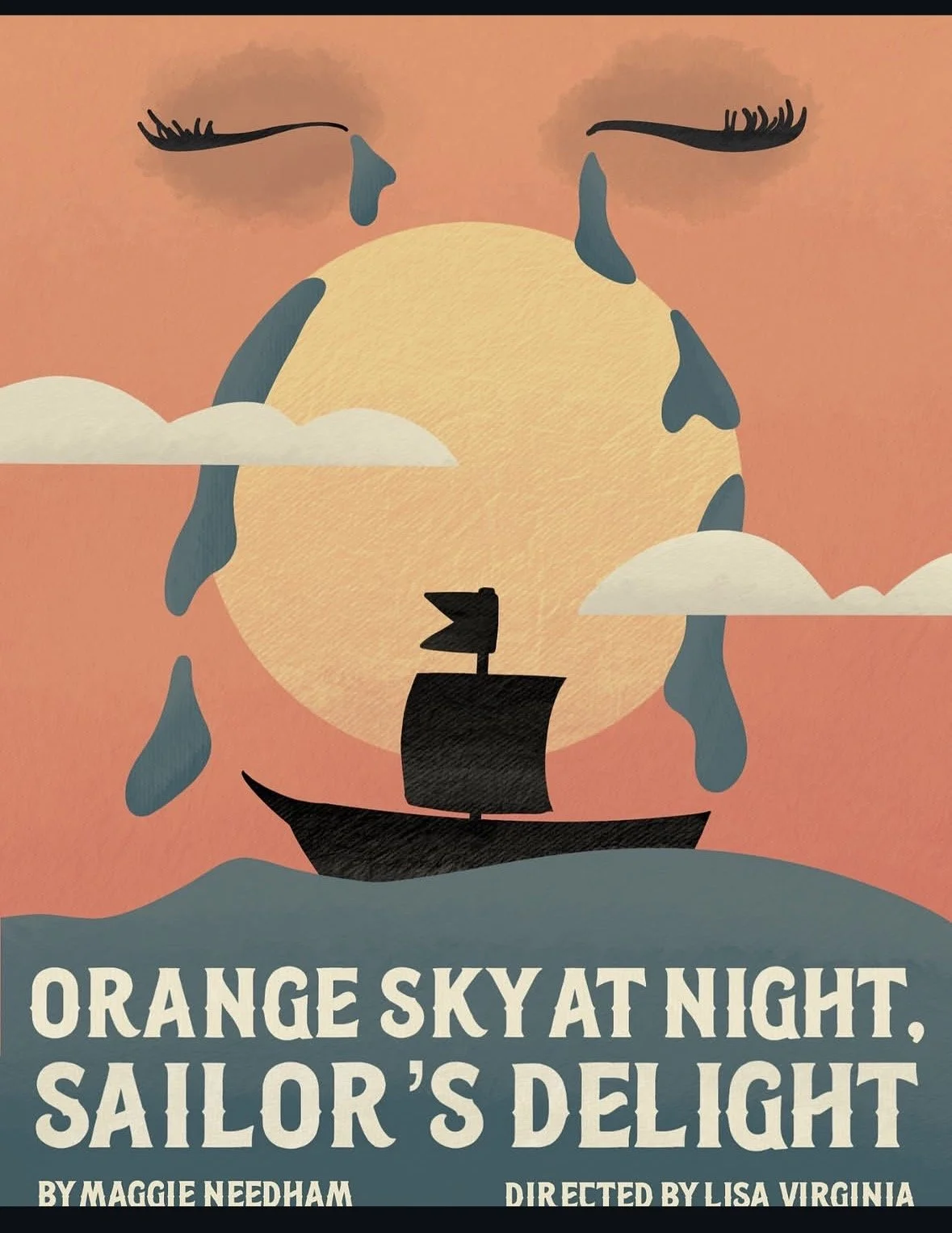 Poster for Orange Sky at Night written by Maggie Needham and directed by Lisa Felson. Performed at Fordham Theatre.