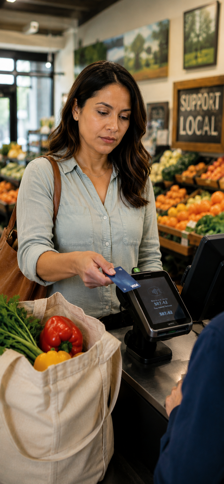 A woman making a contactless payment with a credit card at a grocery store checkout counter, with fresh vegetables in the shopping bag and a support local sign in the background.