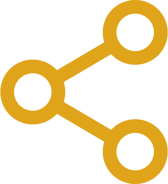 A gold-colored icon representing a sharing or network symbol with three connected circles and lines.
