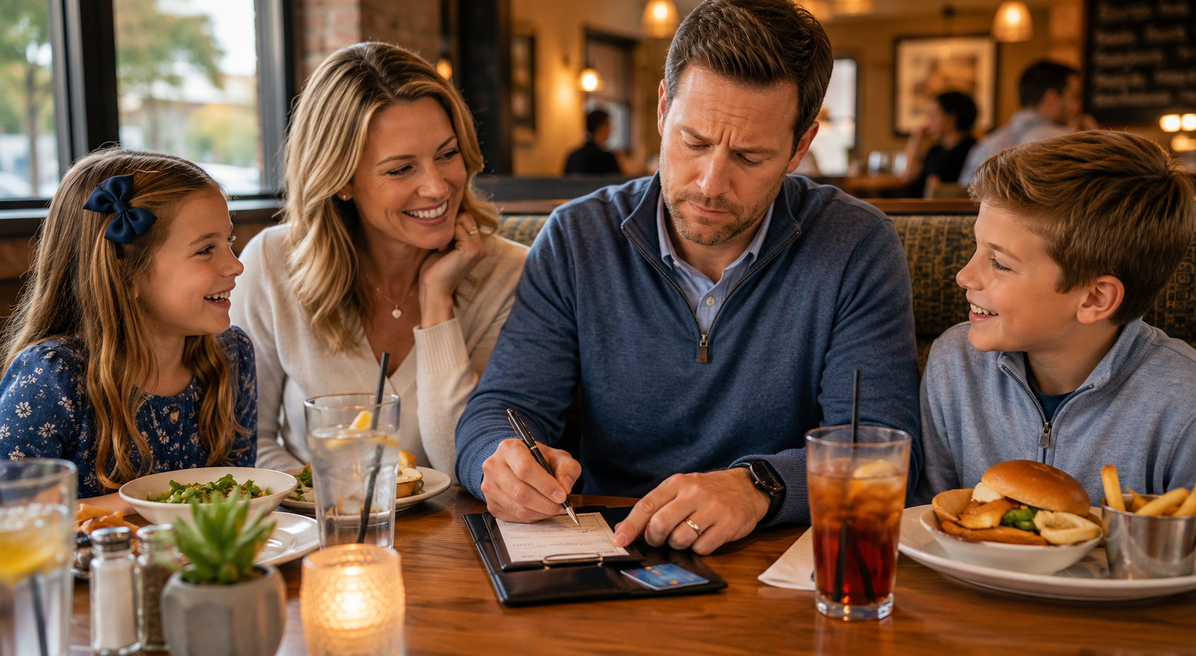 Family of four at a restaurant, with two young kids, parents, and a man writing in a checkbook, enjoying food and drinks, during daytime.