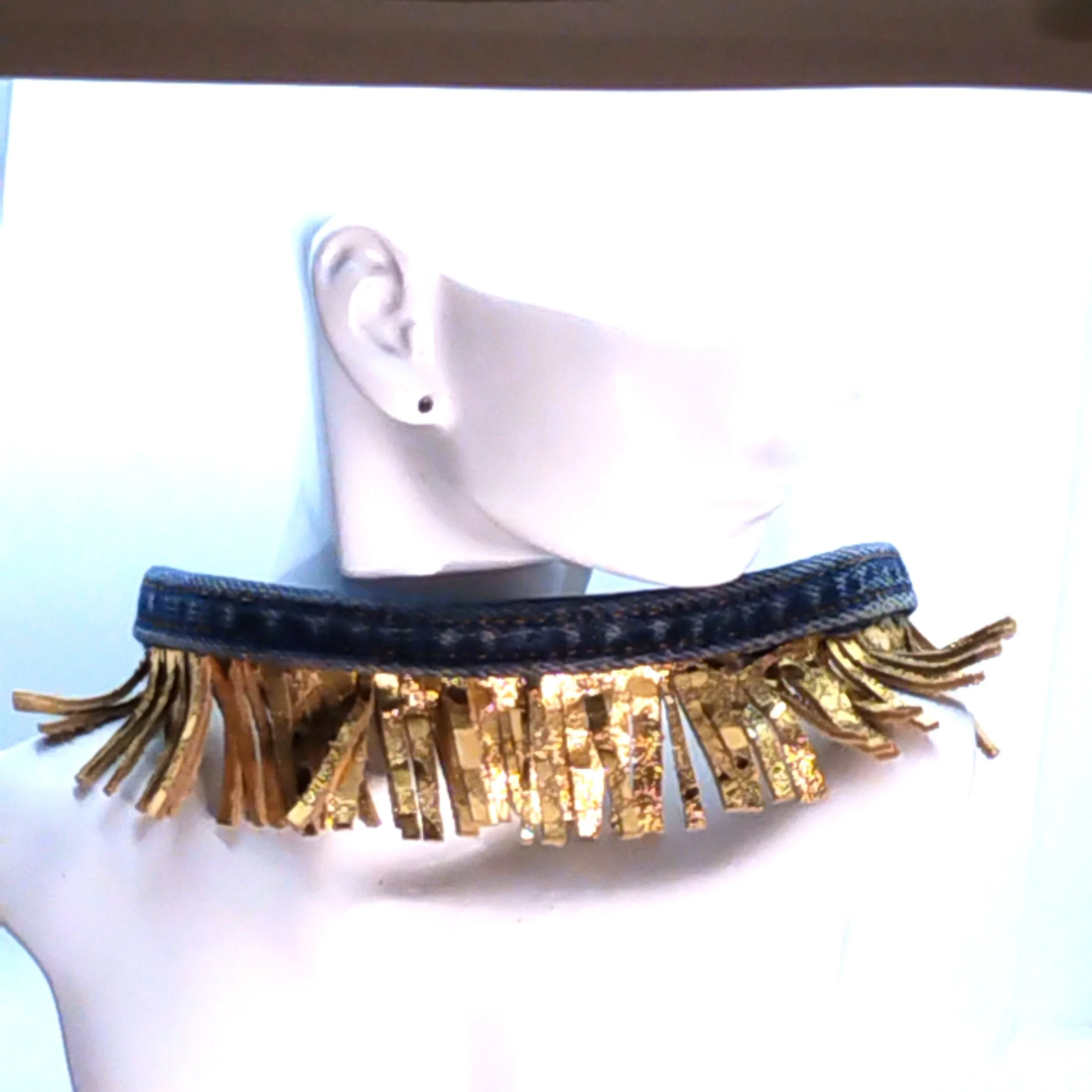 On the Fringe - Denim & Gold Embossed Leather Collar Necklace