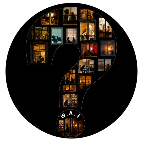 A circular graphic with a large question mark filled with small windows showing silhouettes of people inside various rooms, representing curiosity or investigation.
