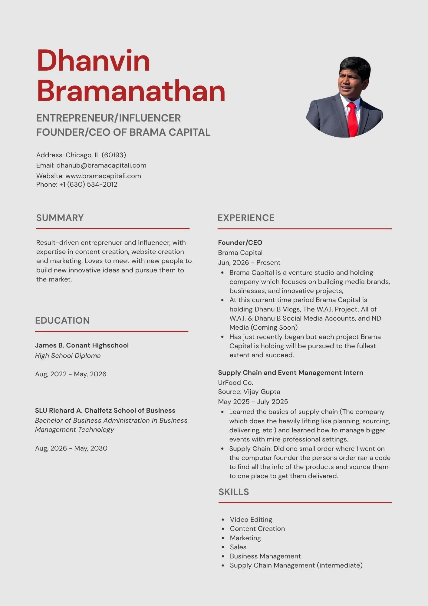 A professional resume for Dhanvin Bramanathan featuring a headshot of a man in a suit and red tie, with sections detailing contact info, summary, education, experience, skills, and certifications.