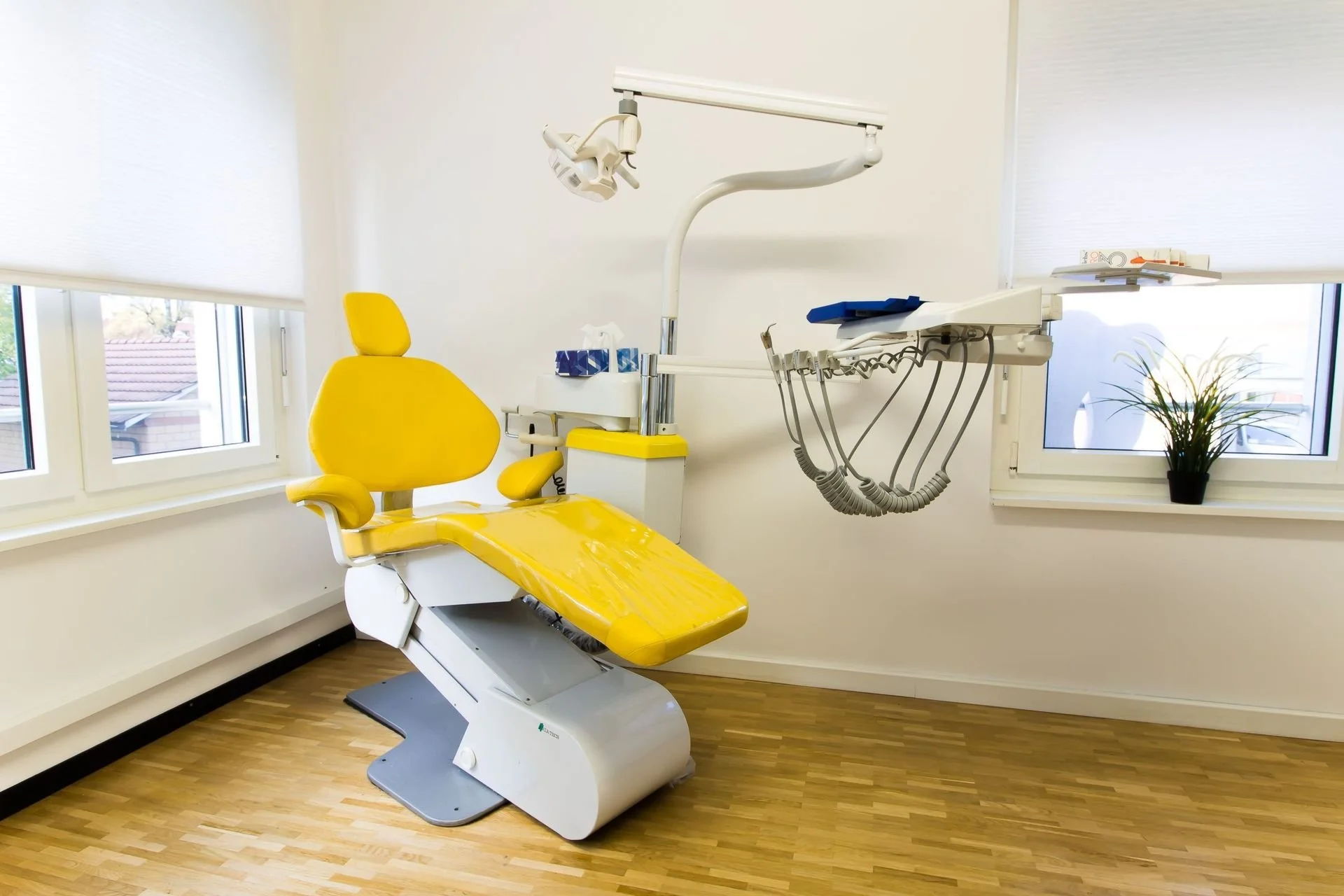 Behandlungsstuhl in einer Praxis für Zahnprothesen in Zürich mit weissen Wänden, Holzboden, Krankenzimmerfenstern und einer Pflanze im Fenster.