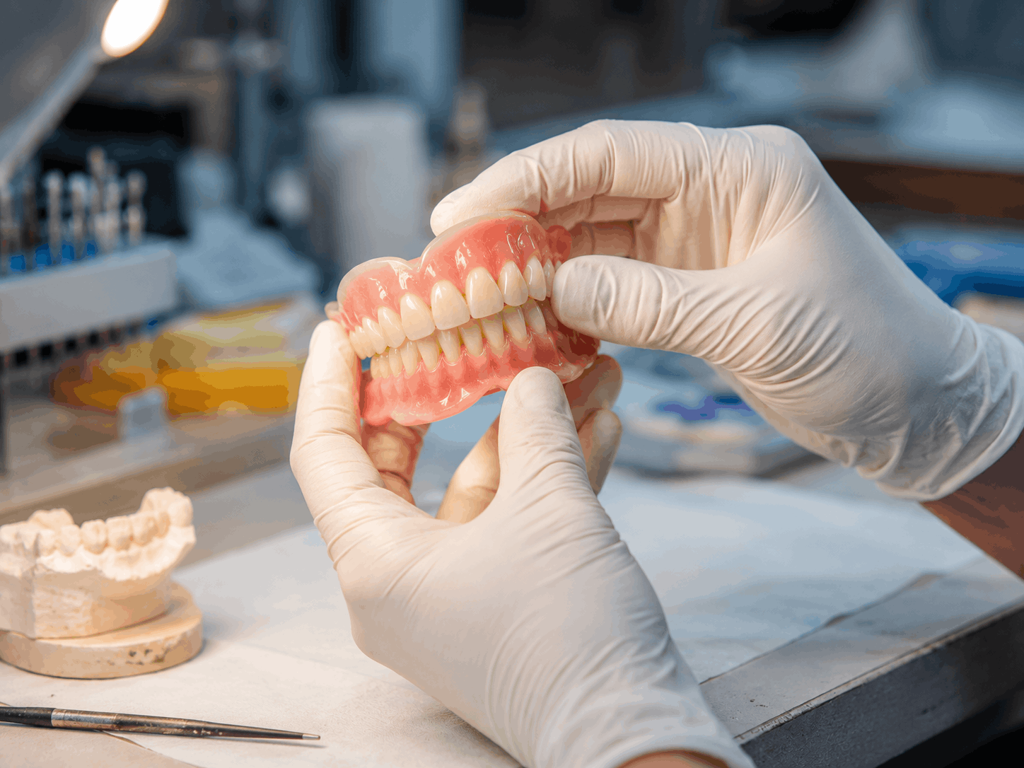 Eine Expertin für Zahnprothesen hält eine neue Zahnprothese mit beiden Händen. Weisse Handschuhe, die neue Prothese glänzt.