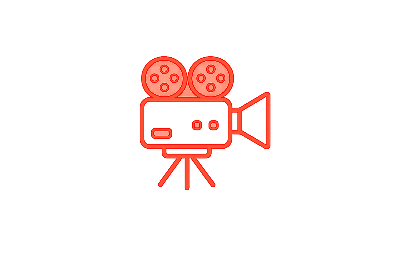 Neon red outline of a vintage film camera icon on a black background.