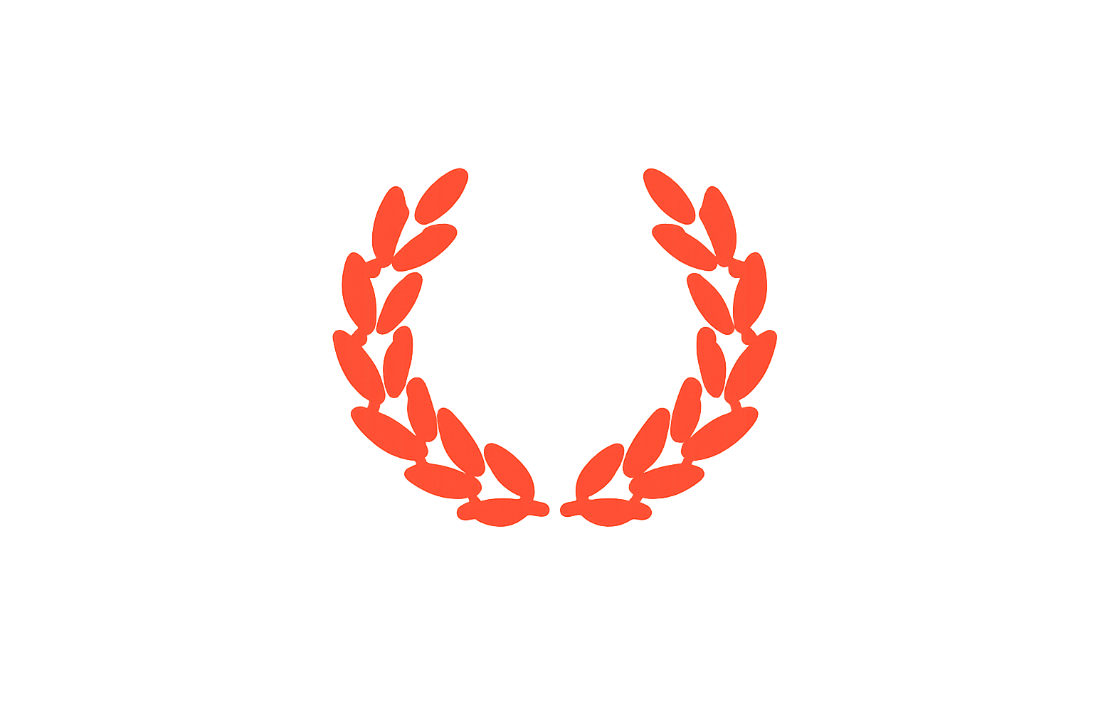 Red laurel wreath surrounding a black circle with a red ribbon at the bottom in an award or medal design.