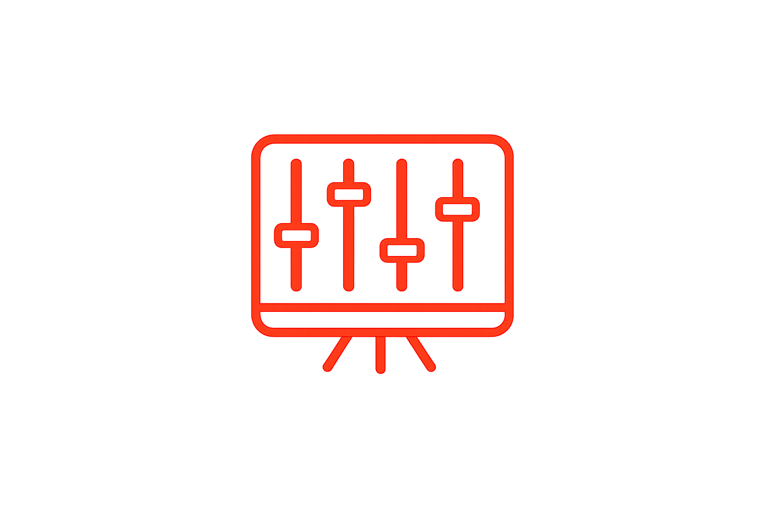 Neon red outline of an audio mixing board with five vertical sliders on a black background.