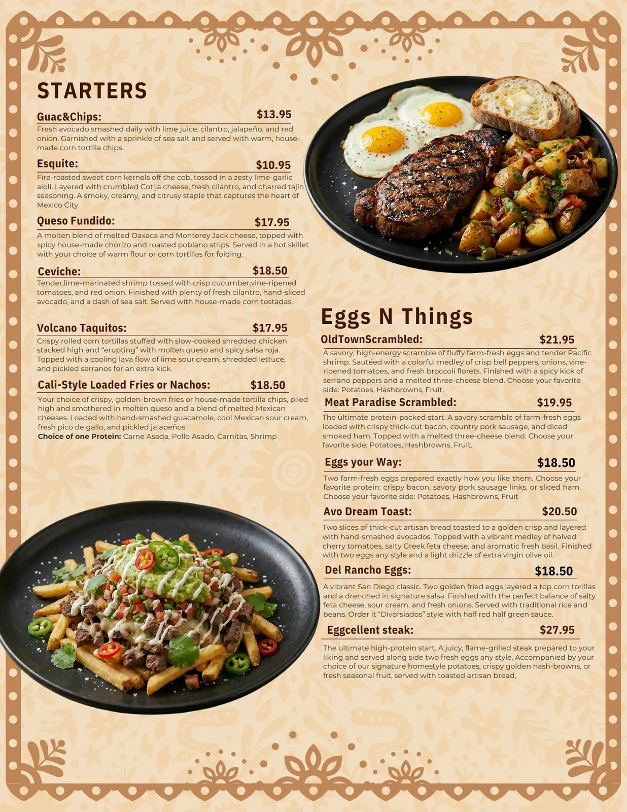 Restaurant menu showing various breakfast and appetizer dishes with prices and descriptions.