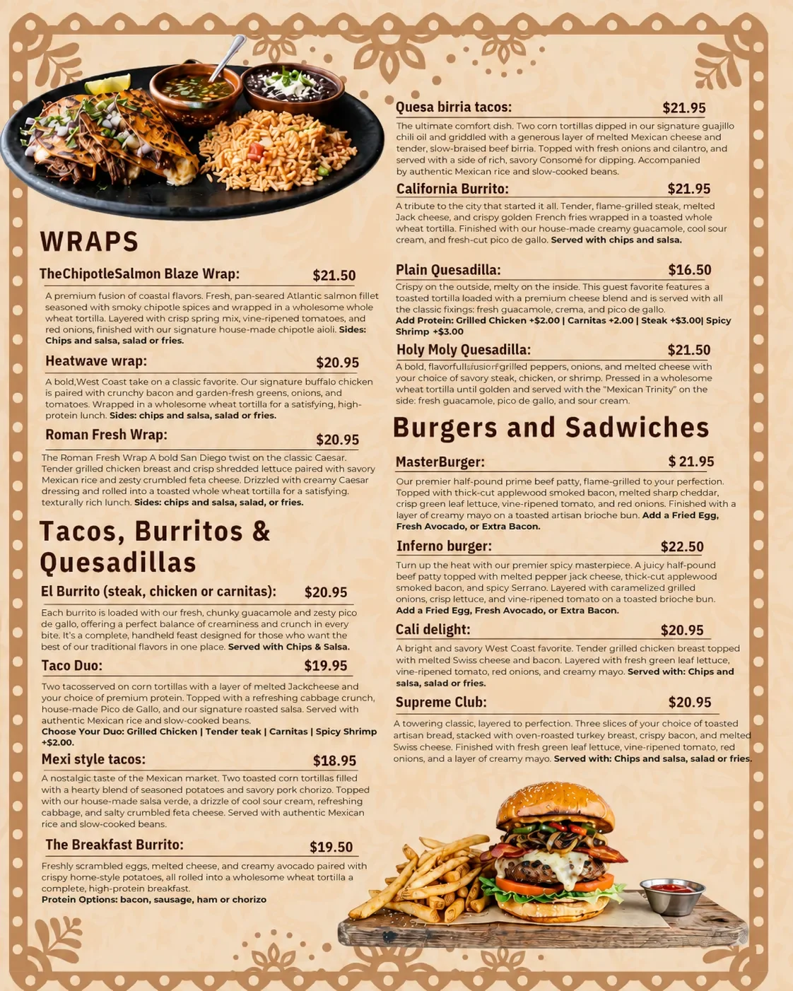 A menu page with food photos, including a plate of tacos with rice and beans, and a burger with fries.