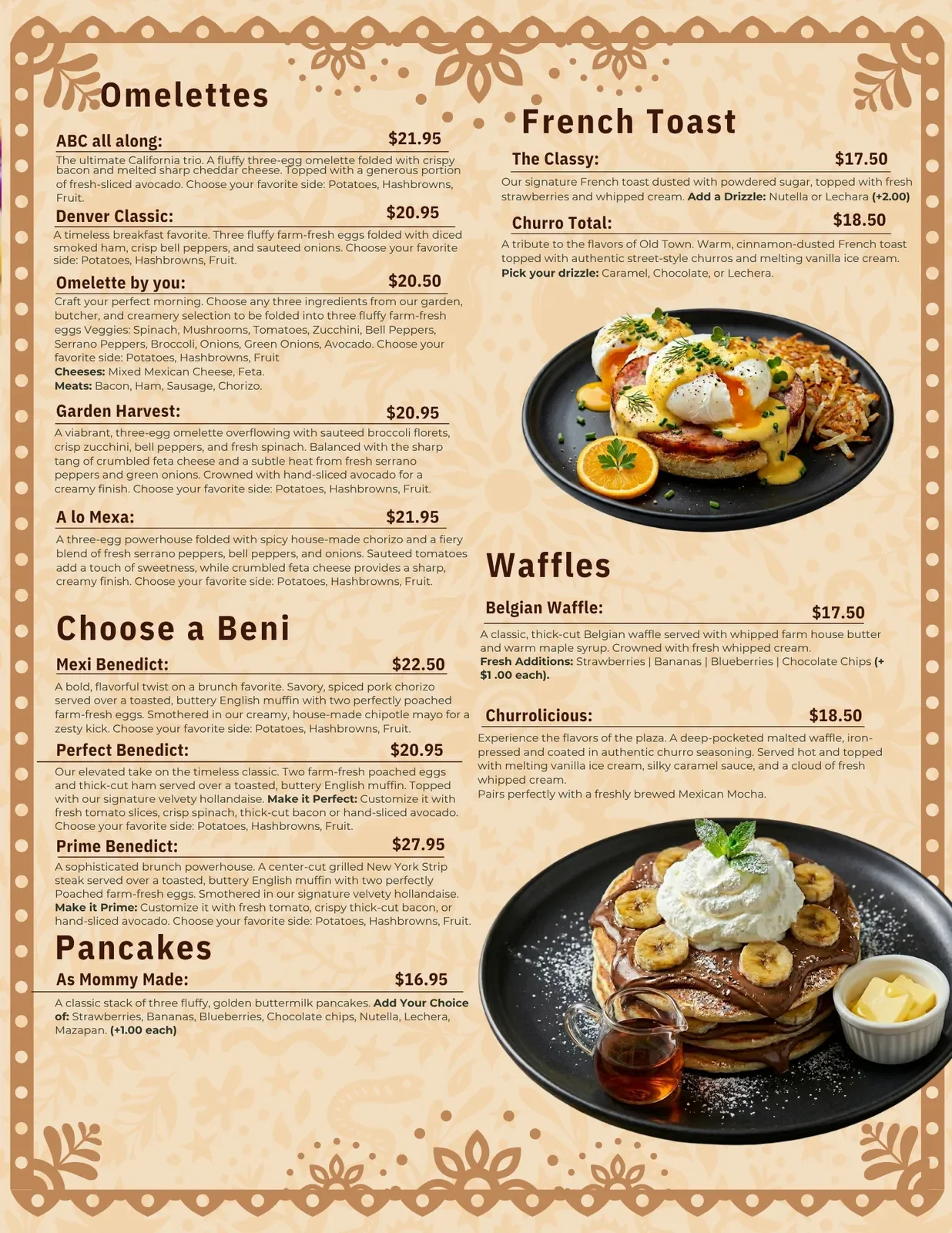 Menu featuring breakfast items such as omelettes, french toast, waffles, and pancakes, with descriptions and prices.