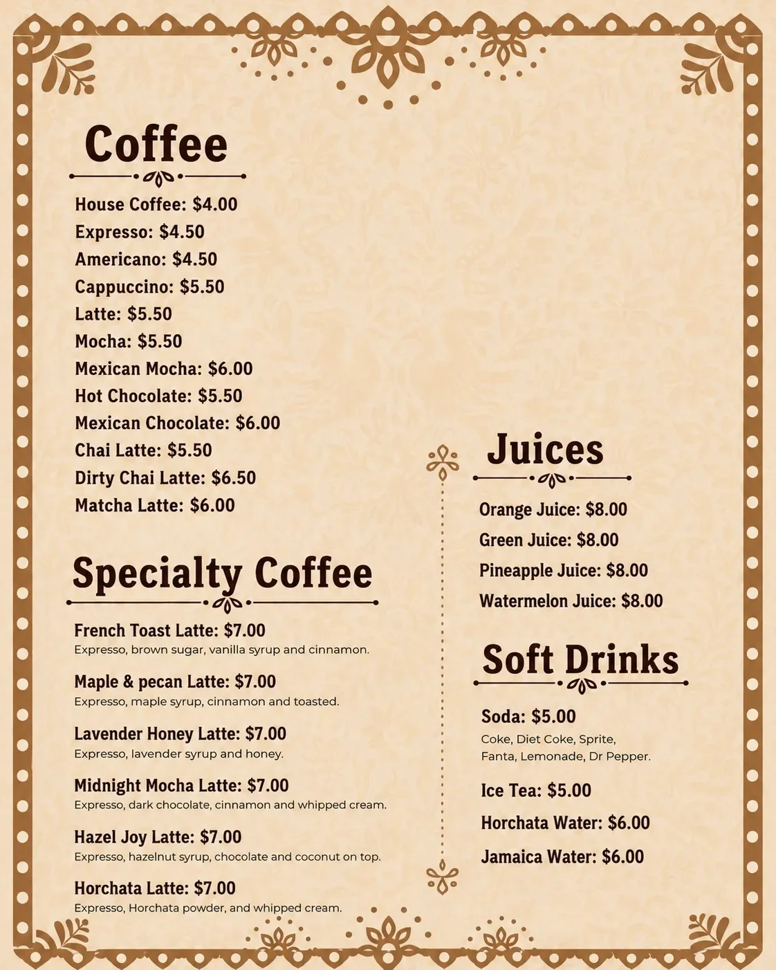 Menu featuring coffee and juice options with prices, decorated with a brown and beige floral border and accents.