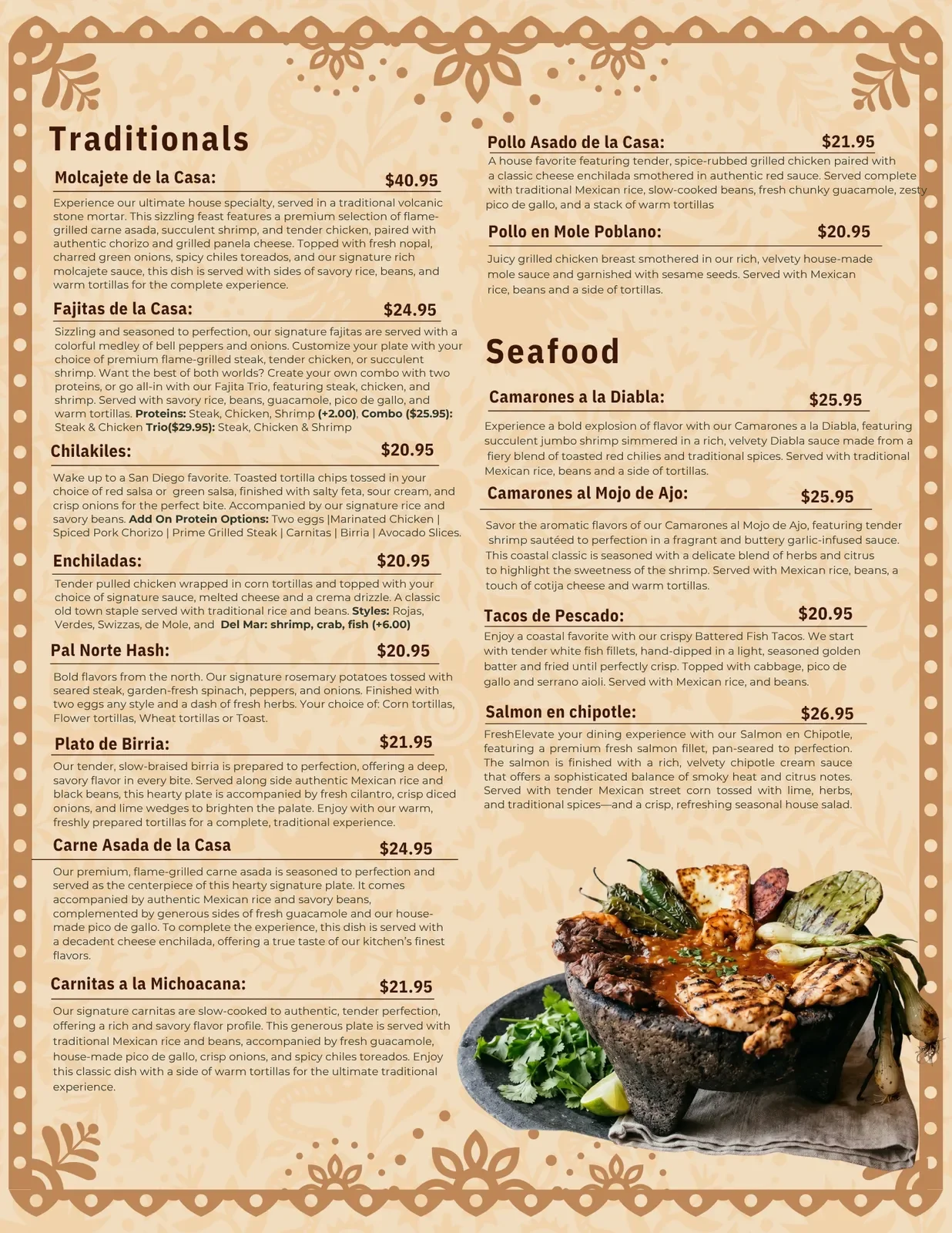 Menu featuring traditional Mexican dishes such as pollo asado, pollo en mole poblano, camaron a la diabla, camarones al mojo de ajo, and salmon en chipotle. The menu includes descriptions and prices for each dish.