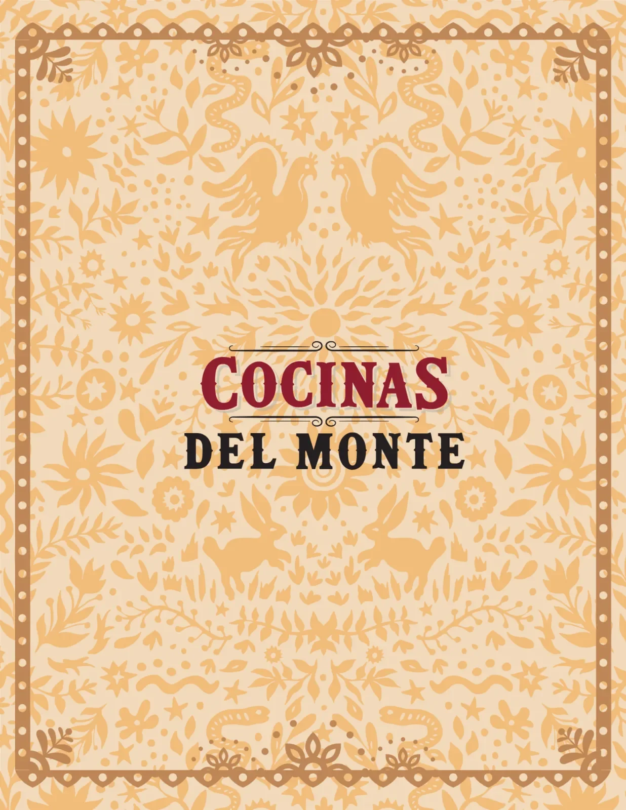 Cover design for a cookbook titled 'Cocinas del Monte' with a decorative beige background featuring floral and animal motifs, and two stylized roosters facing each other.