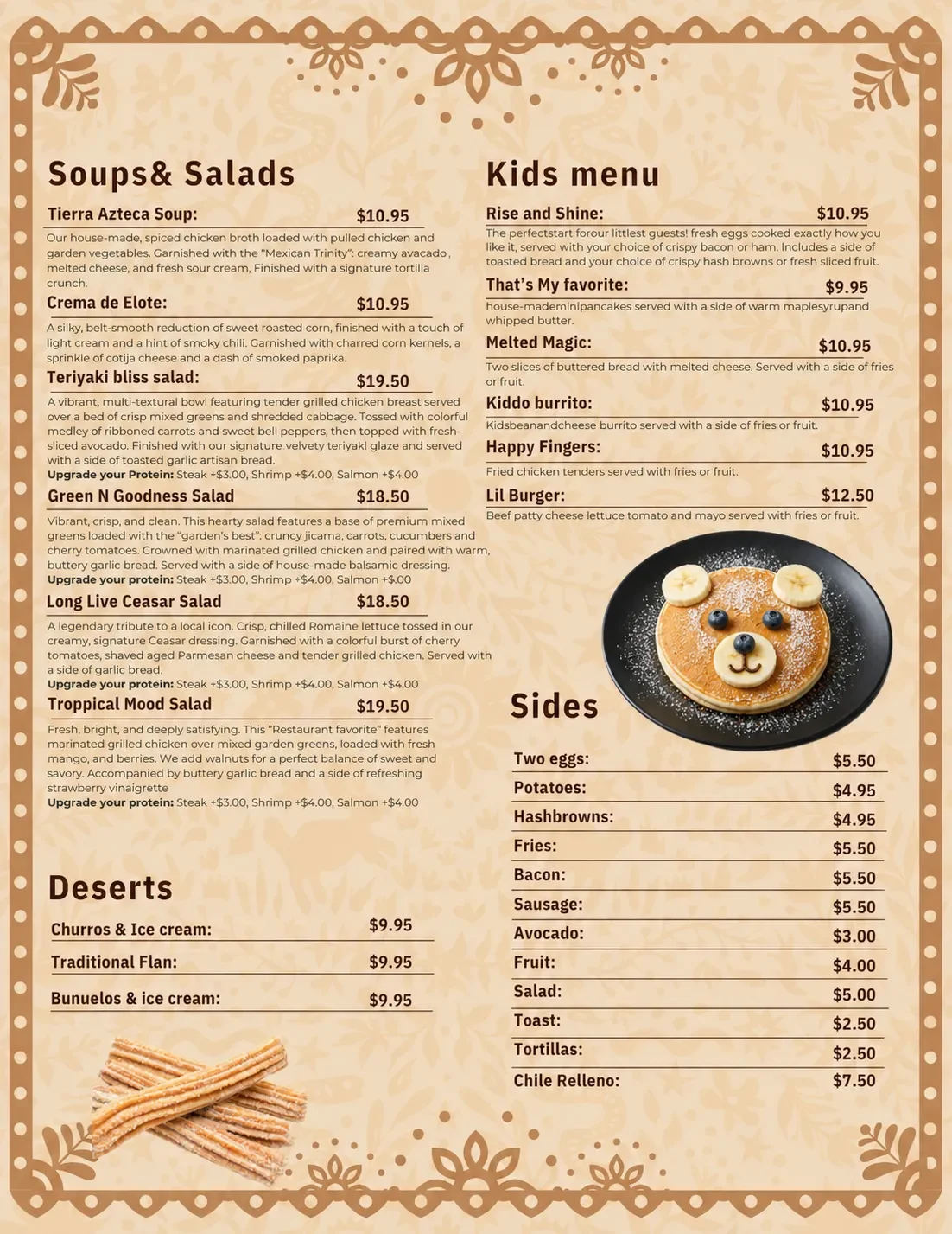 A menu with sections for Soups & Salads, Kids menu, Sides, Deserts, and a picture of a panda-themed pancake with banana slices for ears, blueberries for eyes, and a chocolate smile on a black plate.