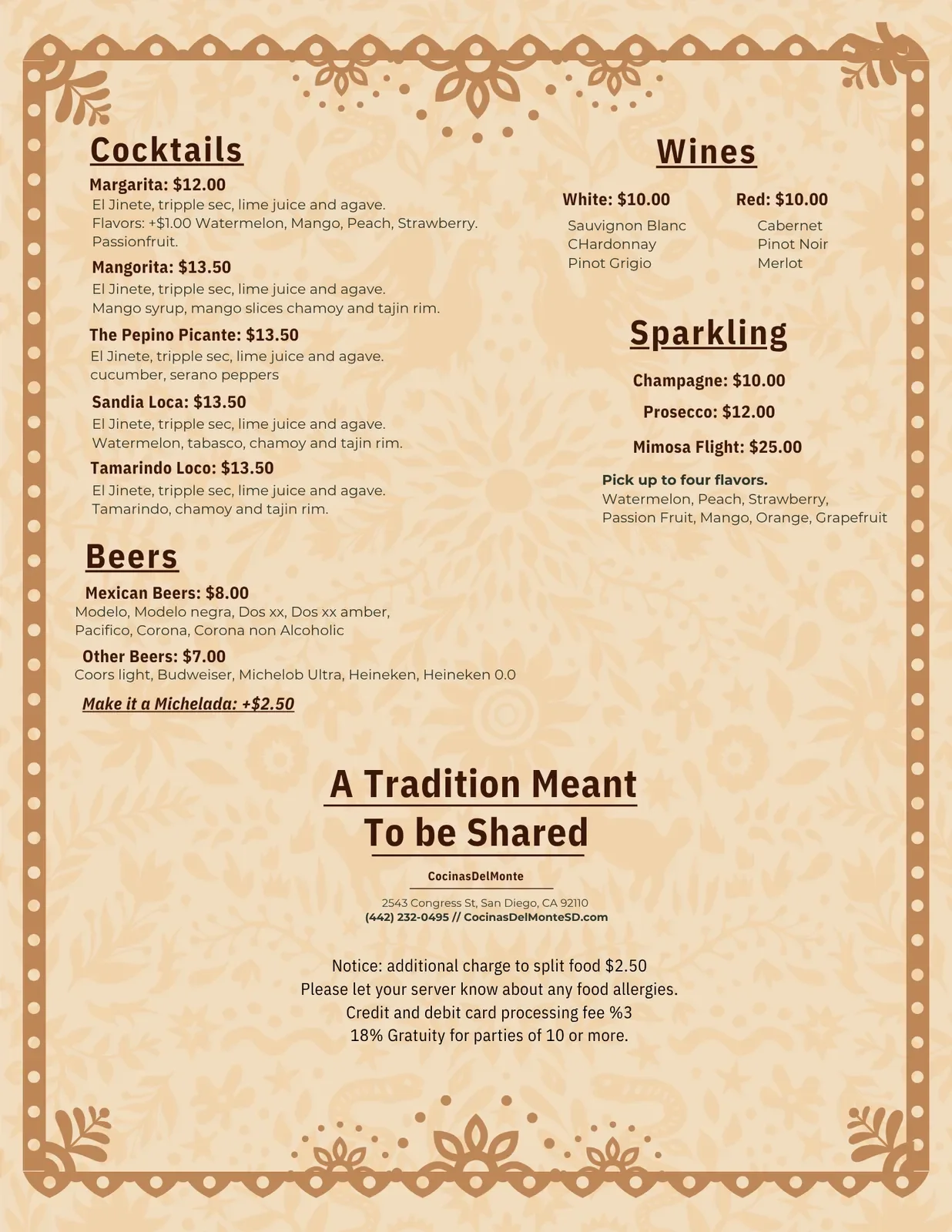 A menu featuring cocktails, wines, beers, and sparkling options, with prices and descriptions. The background has a light beige pattern with decorative borders and floral accents.