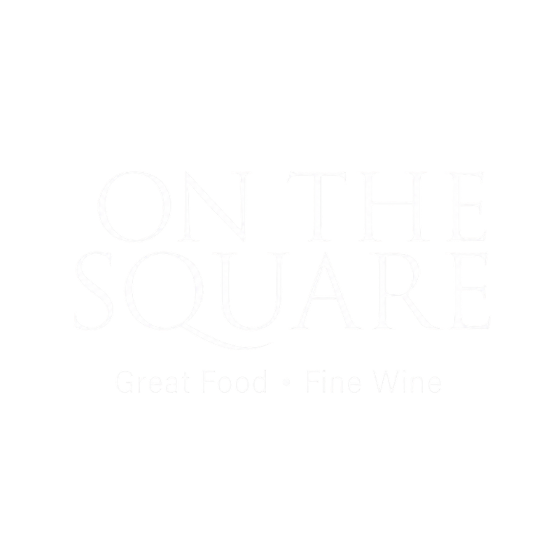 Logo for 'On the Square' featuring the subtitle 'Great Food · Fine Wine' on a black background.