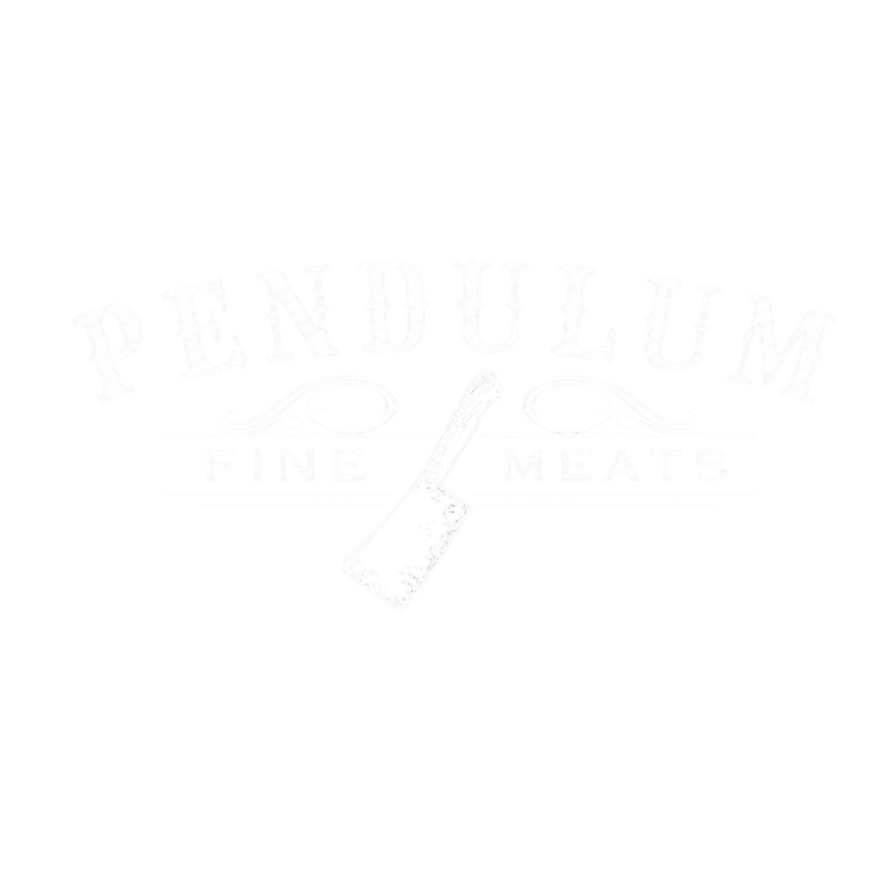 Black background with white text and a meat cleaver graphic. Text says 'Pendulum Fine Meats' with decorative flourishes.