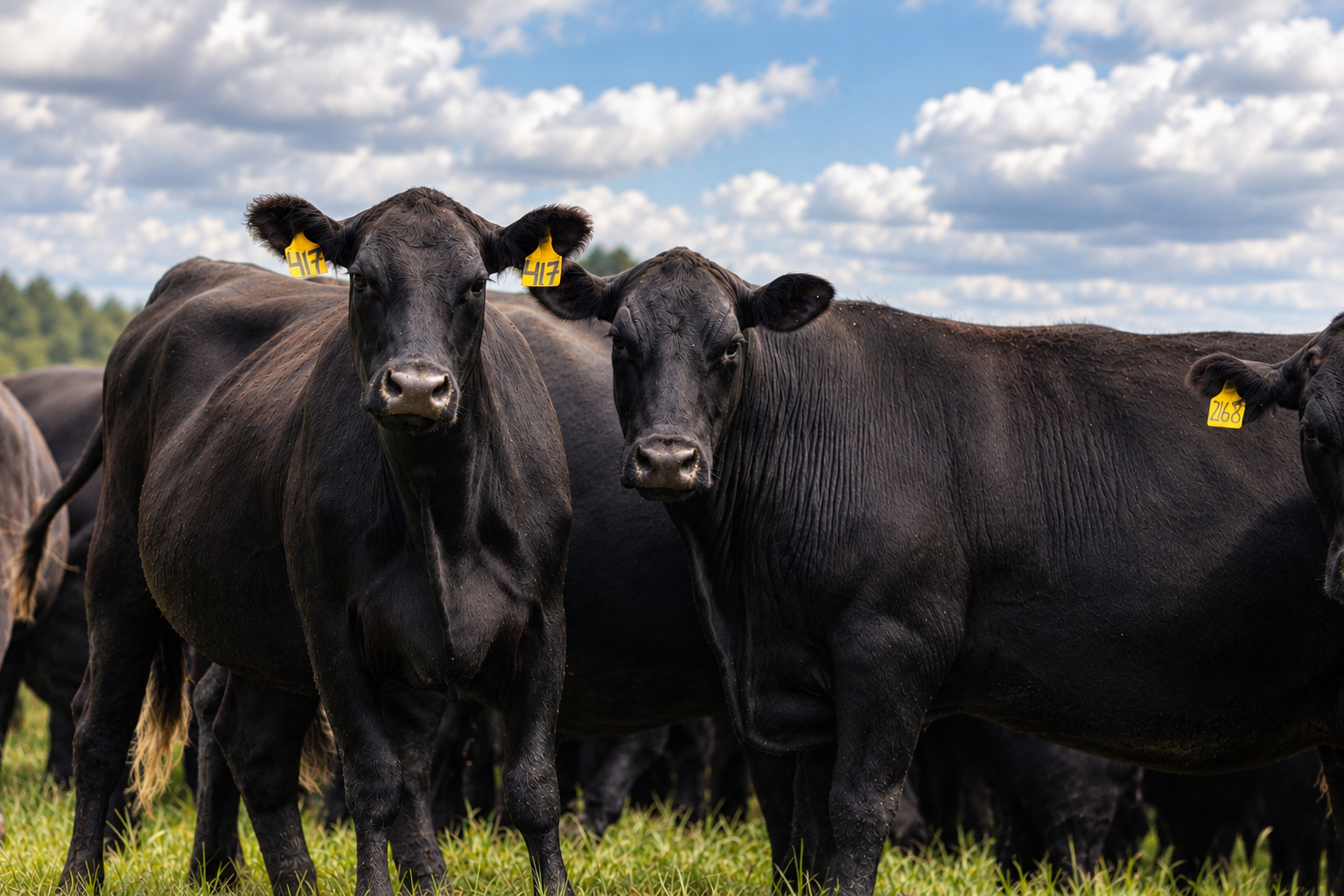 Group of black cows standing on grass field under cloudy sky, some with yellow numbered ear tags.