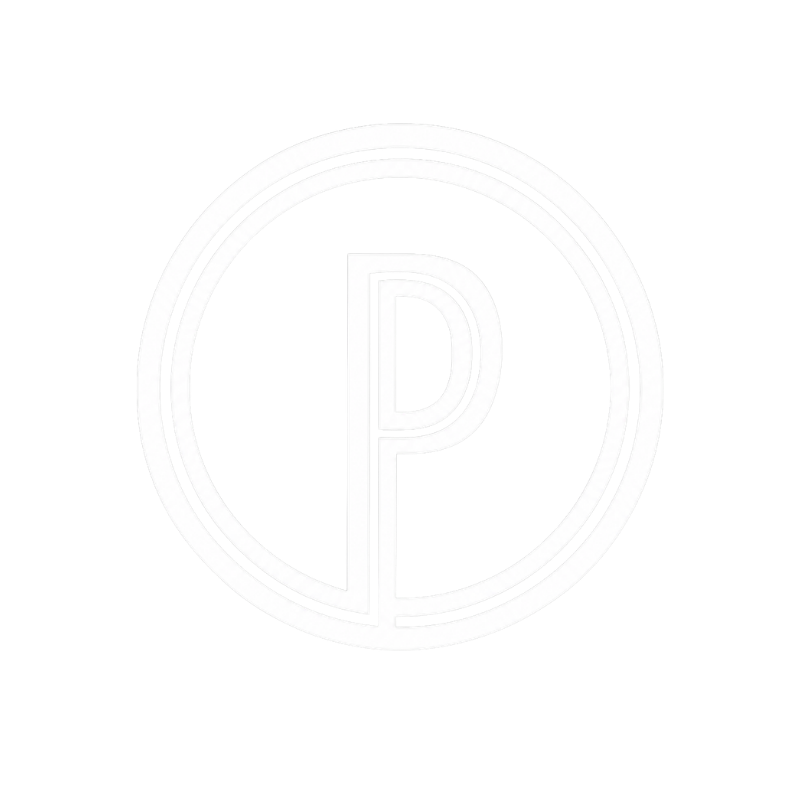 White logo with a large letter 'P' inside a circle on a black background.