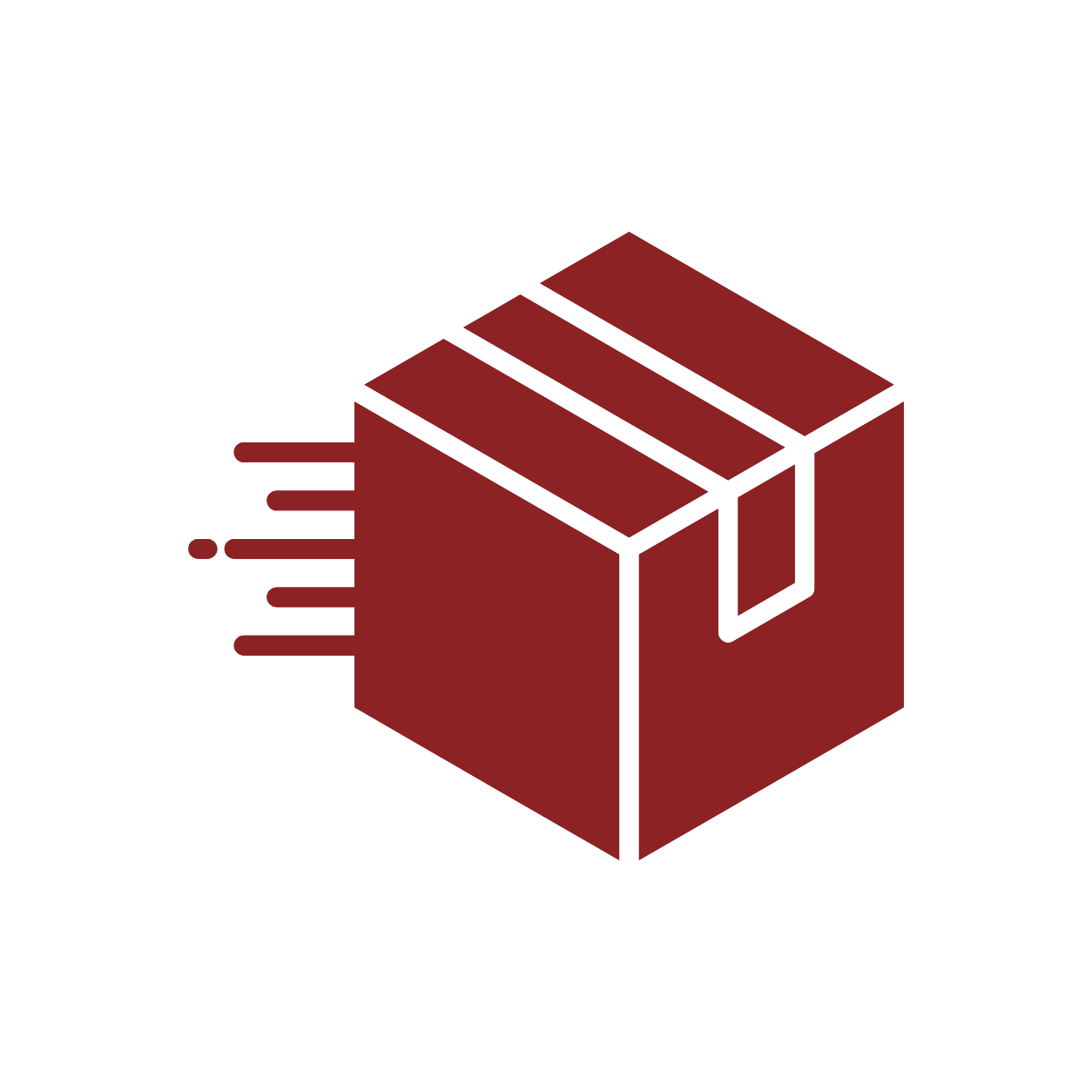 Icon of a moving cardboard box with a shipping label, indicating fast delivery.