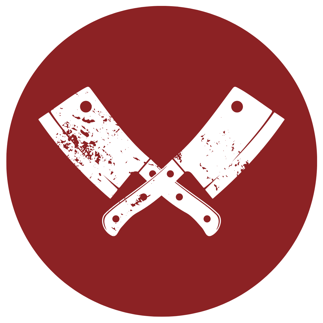 Two crossed cleavers with worn blades on a red circular background.