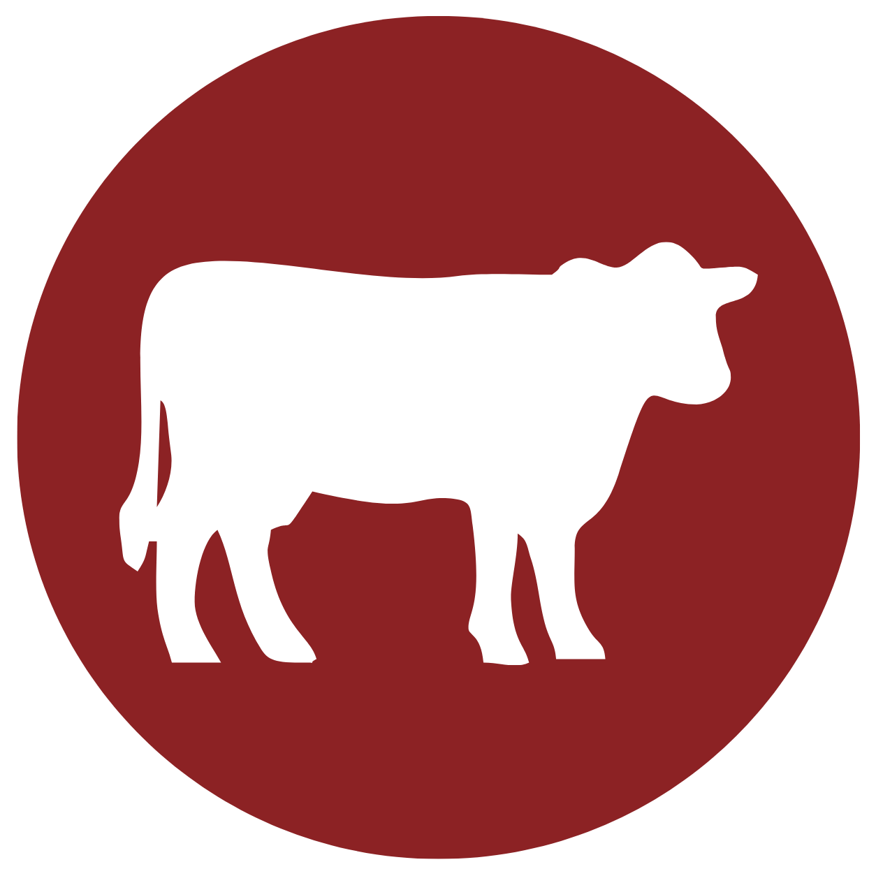 Silhouette of a cow inside a red circular background.