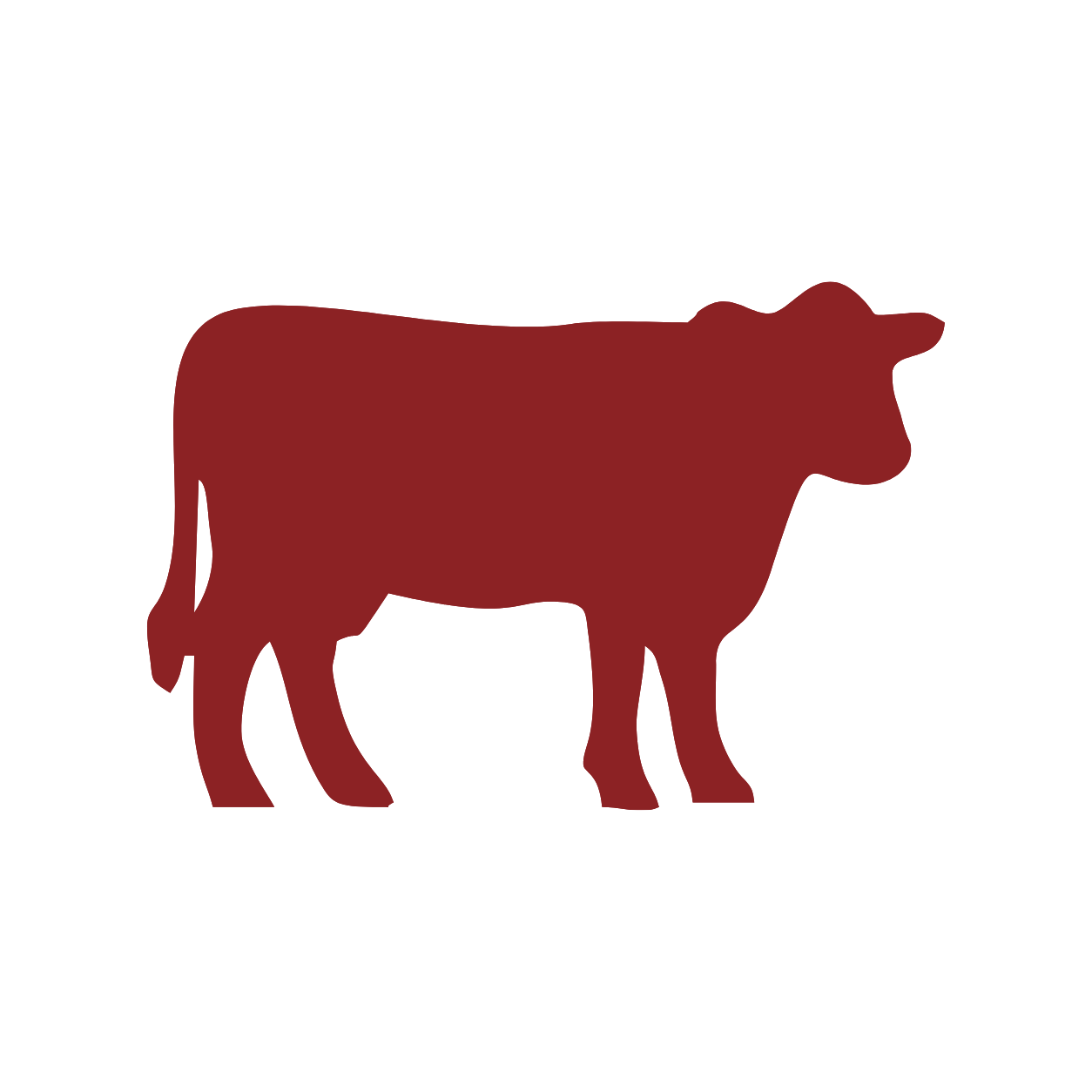 A silhouette of a cow in dark red color on a black background, with text above and below.
