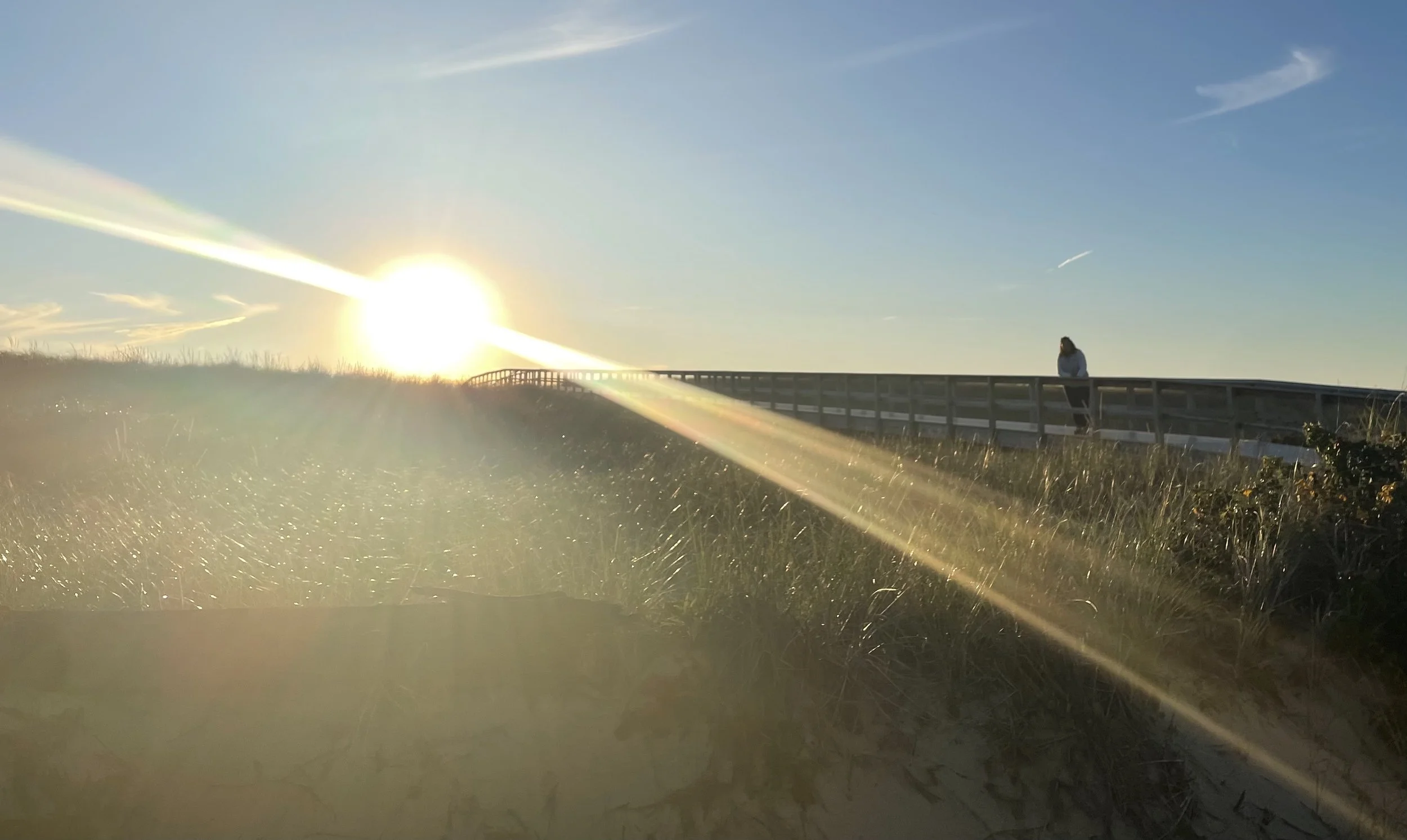 Sunrise shining across a boardwalk through coastal grasses, with a person leaning on the railing near the start of the boardwalk