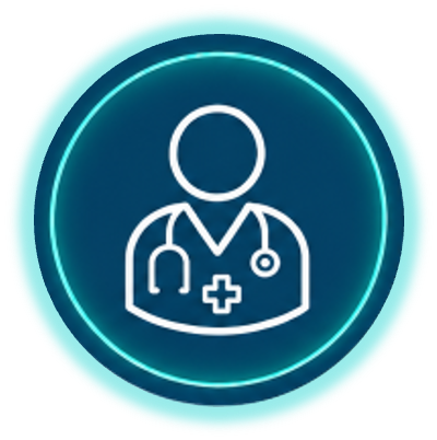 Icon of a doctor with a stethoscope, surrounded by a glowing blue circle.