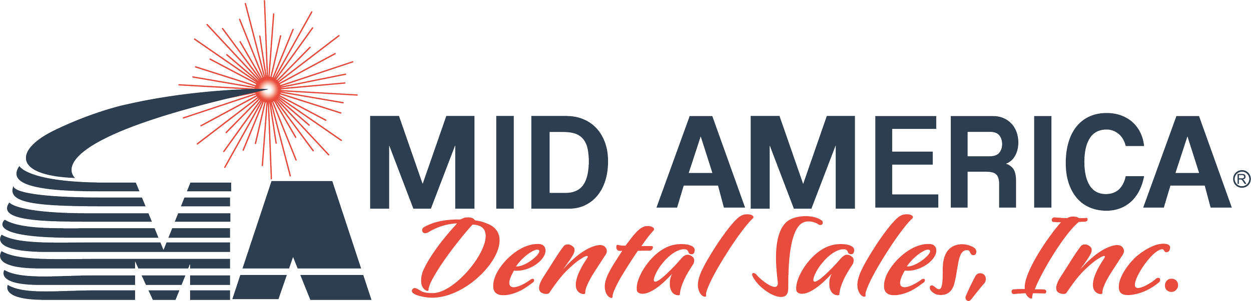 Logo of Mid America Dental Sales, Inc., featuring a stylized dental drill, a red firework, and the company name in bold blue and red text.