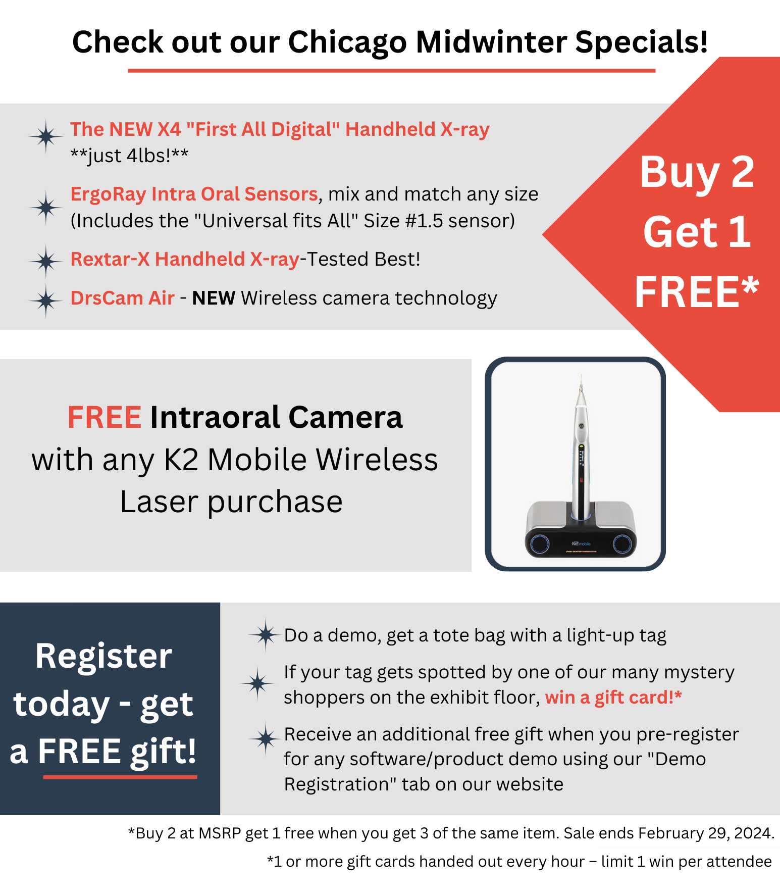 A promotional flyer advertising Chicago Midwinter specials, featuring discounts on medical devices like a digital handheld X-ray, intraoral sensors, handheld X-ray, and a wireless camera. The flyer emphasizes a buy 2 get 1 free sale, includes a free intraoral camera with laser purchase, and encourages registration for additional gifts and prize opportunities.