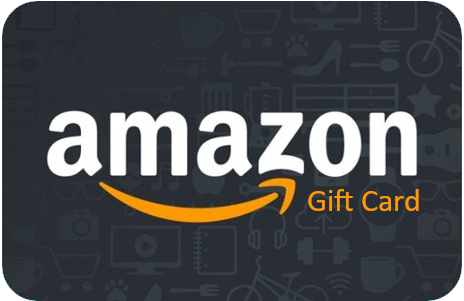 Amazon gift card featuring a dark background with various icons, the Amazon logo in the center and text 'Gift Card' on the right.