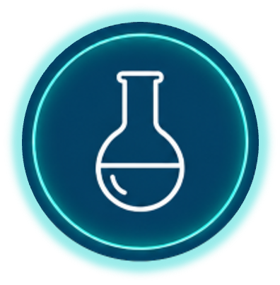 Neon science beaker icon with liquid inside, glowing blue and teal.