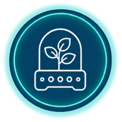 Neon icon of a potted plant with three leaves inside a circular border.