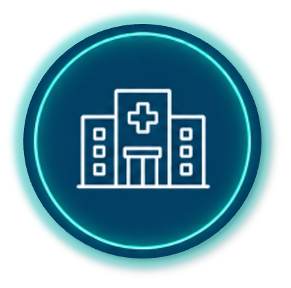 Hospital building icon with a cross on the top and two smaller buildings on each side.