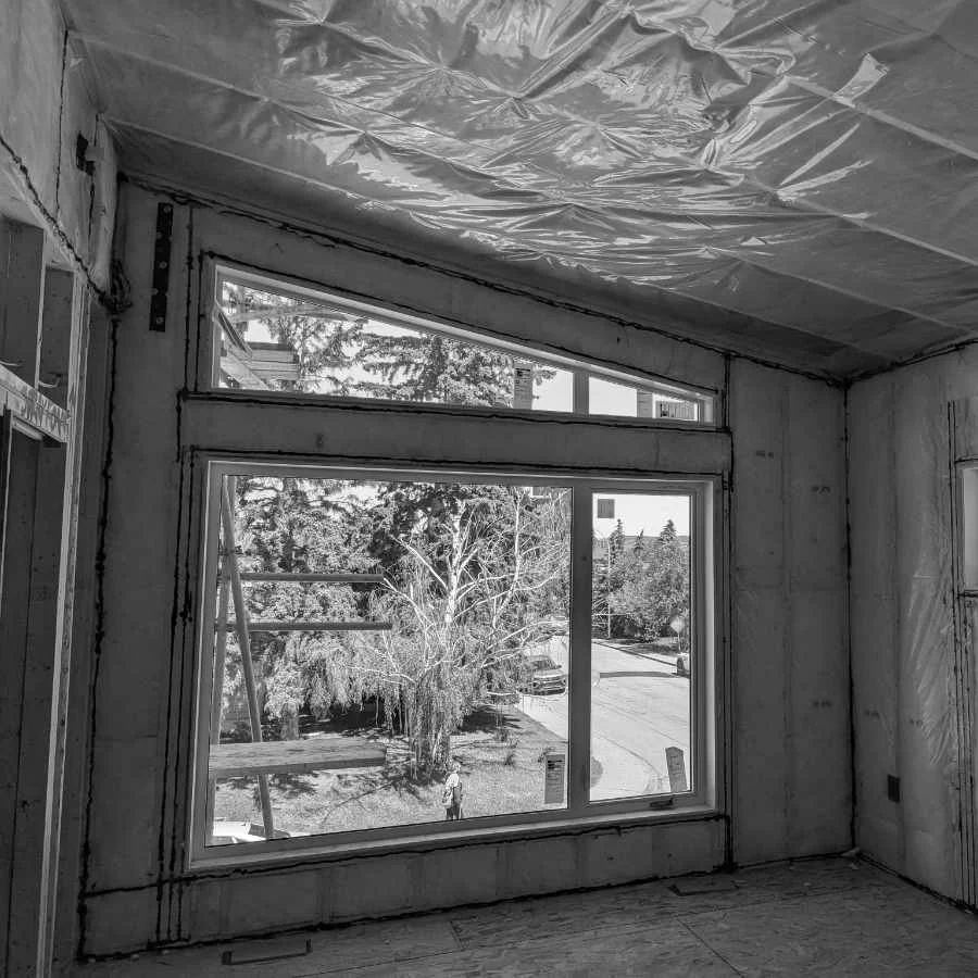 A house under construction, interior view.