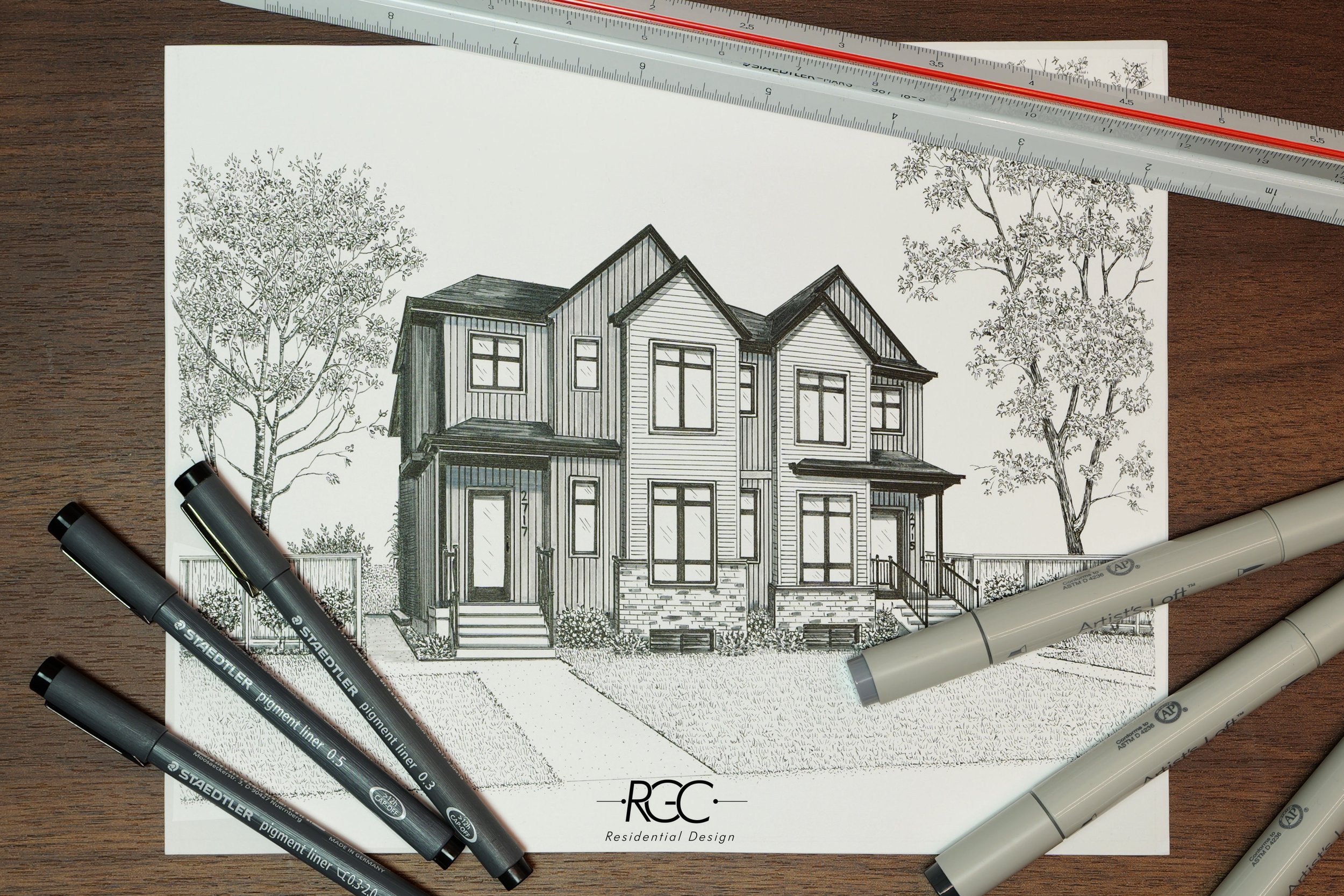 A hand-drawn sketch rendering of a custom home.