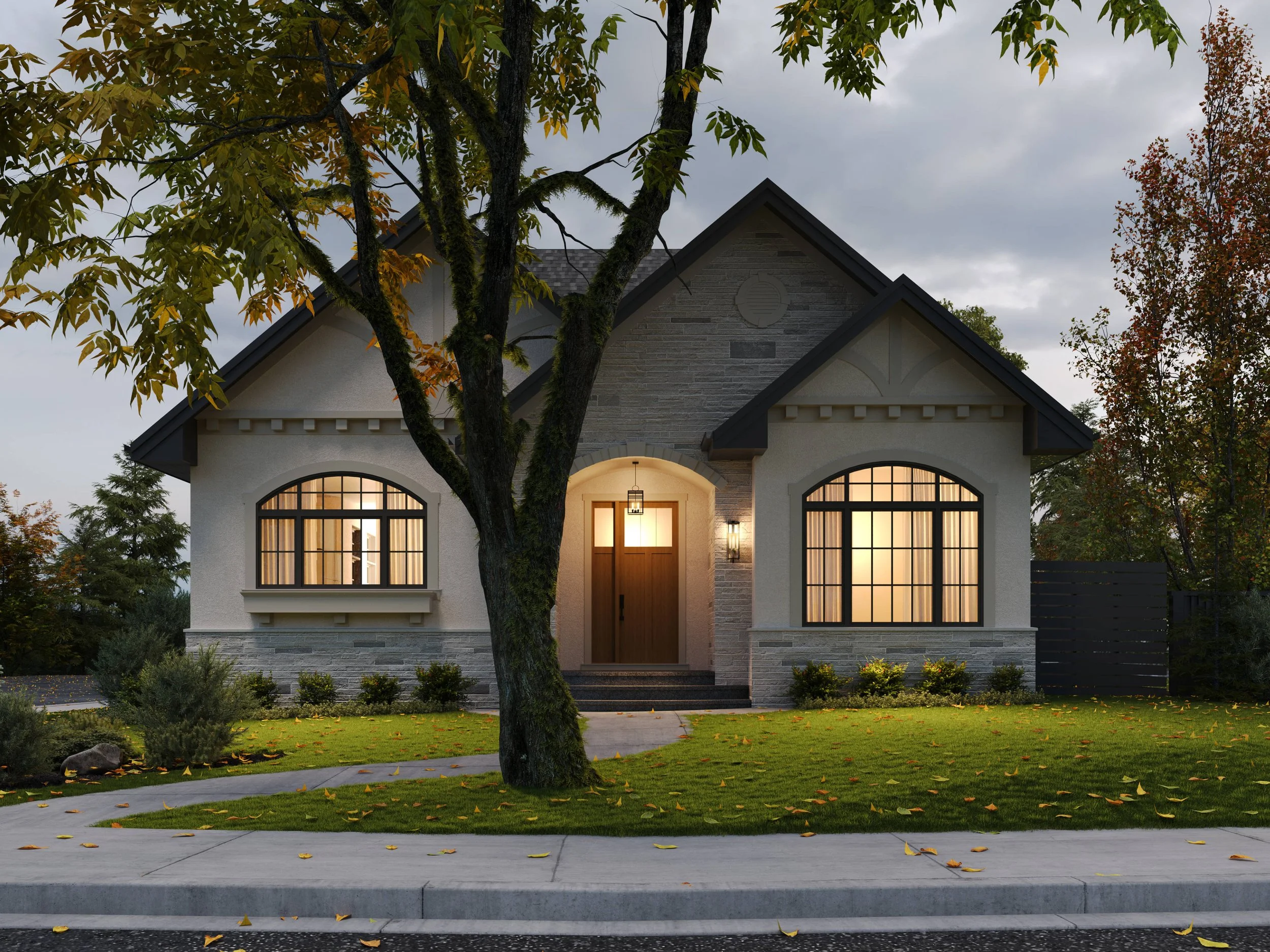 Front rendering of a modest inner-city infill home in a traditional style with with large arched windows and a gable roof, surrounded by trees during dusk.