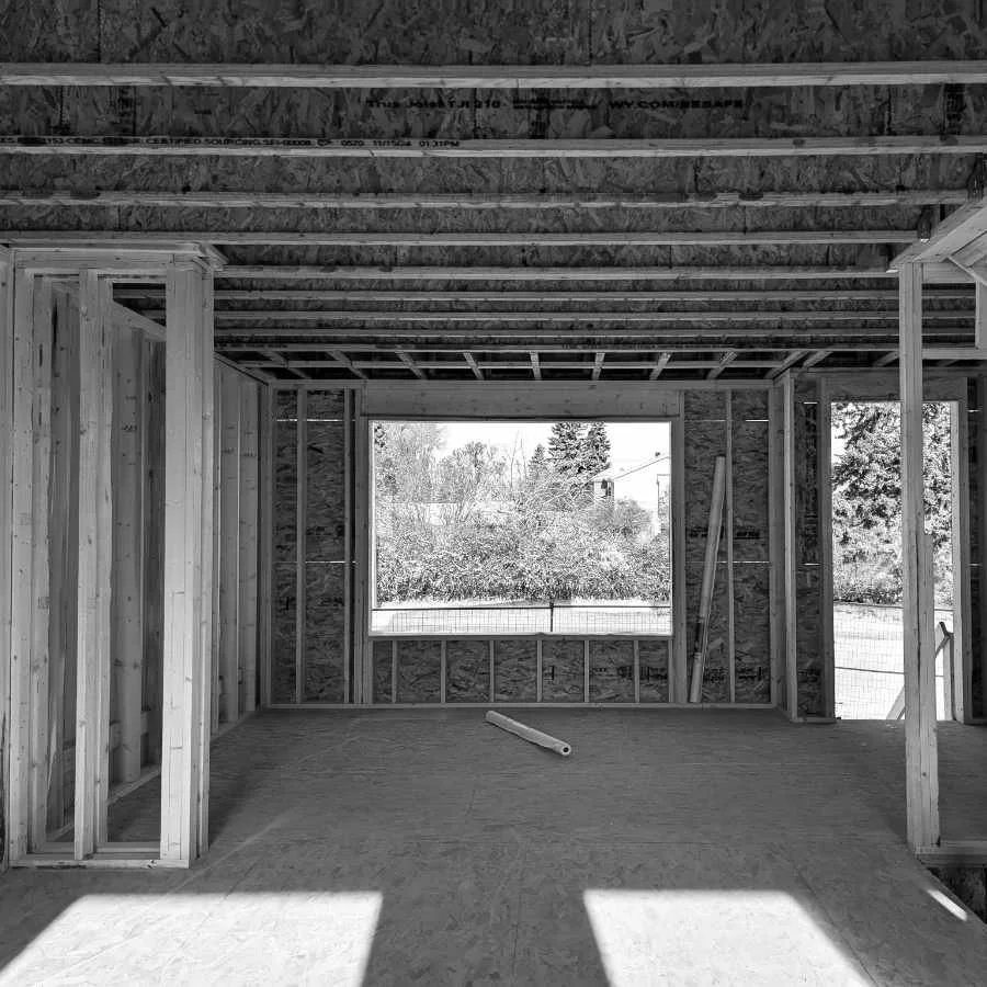 A house under construction, interior view.