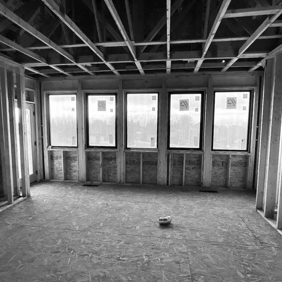 A house under construction, interior view.