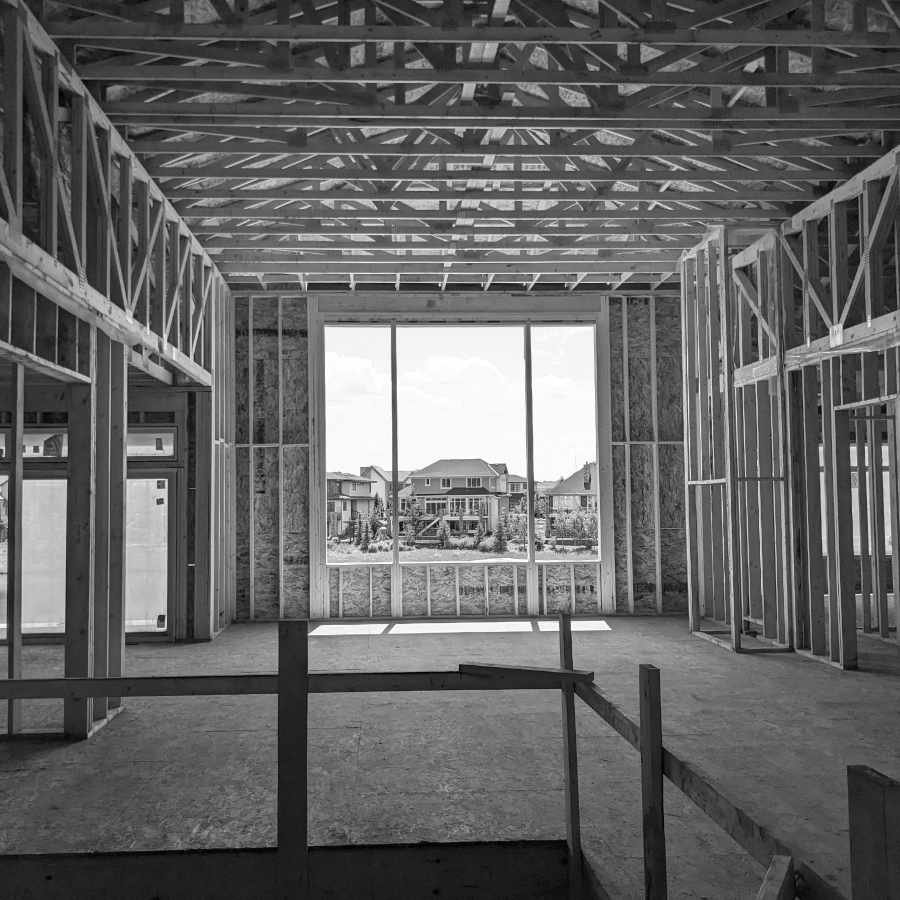 A house under construction, interior view.